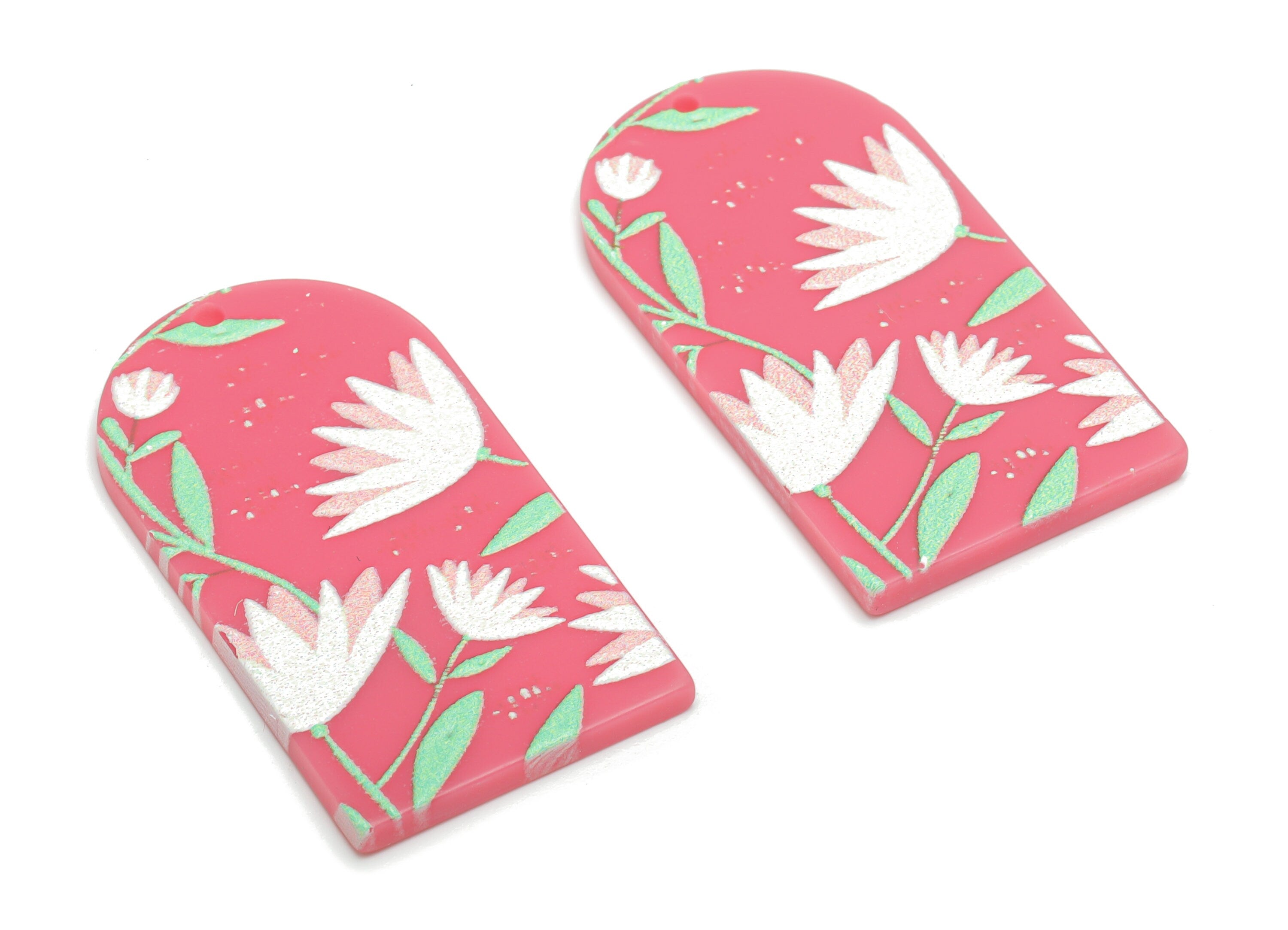 Acrylic Long D Domed Lotus Leaves Earring Charms - Acrylic D Flower Leaf Pendant - Printing Textured - 39.58x20.94x2.07mm - AC2460B - DOMEDBAZAAR