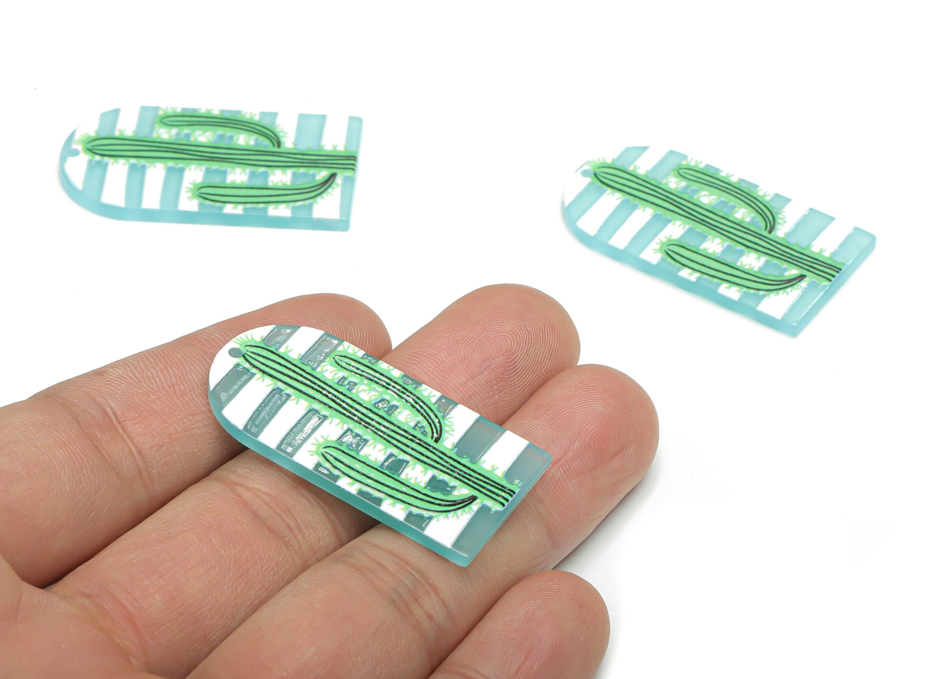 Acrylic Long D Domed Cactus Earring Charms - Acrylic D Cactus Pendant - Printing Textured - Jewelry Supplies - 39.58x20.94x2.07mm - AC2460E - DOMEDBAZAAR