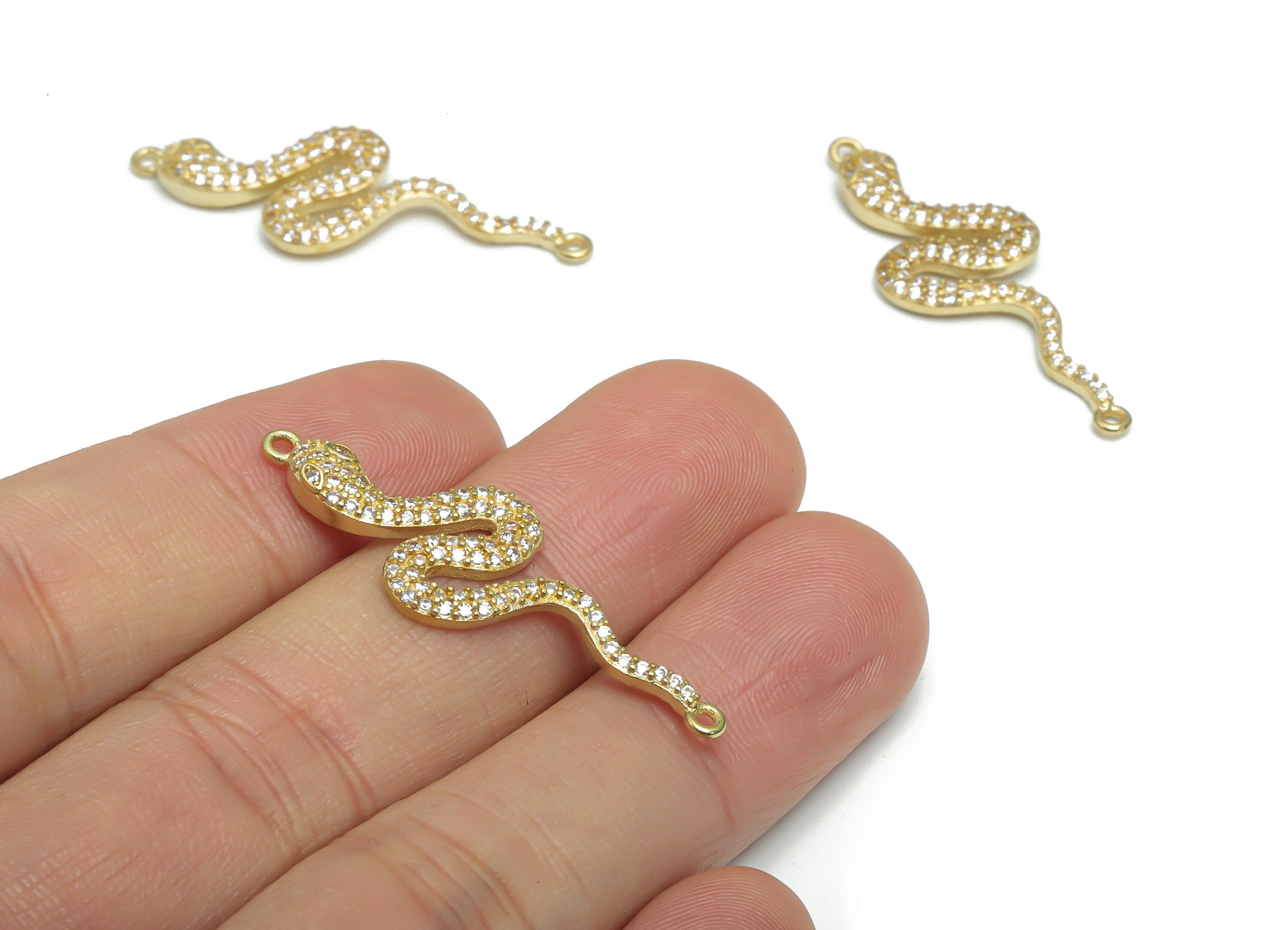 Brass Snake Earring Connectors With Zircons - Raw Brass Snake Charms and Pendant - Jewelry Making Supplies - 38.03x13.48x3.07mm - PP5167 - DOMEDBAZAAR