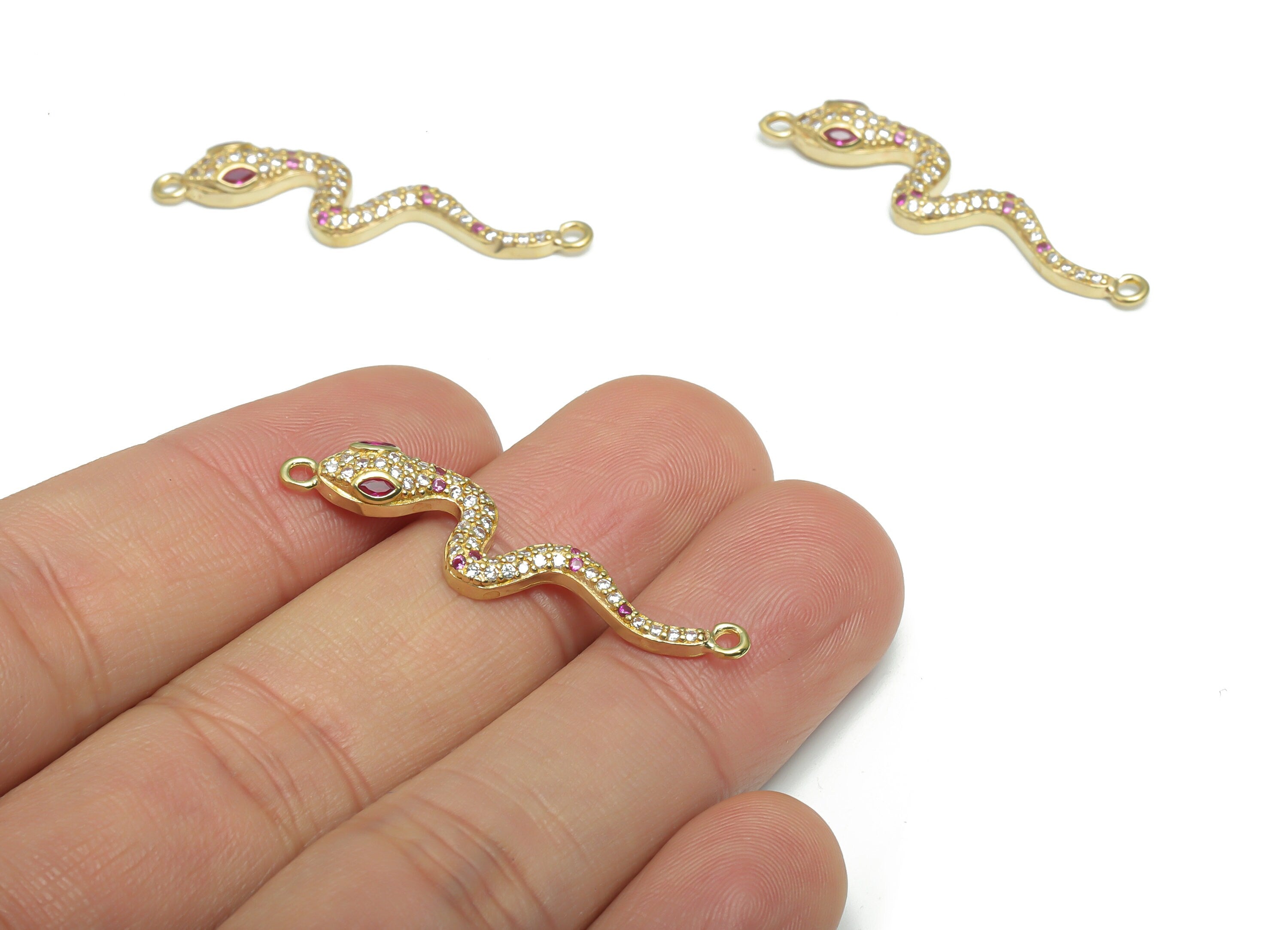 Brass Snake Earring Connectors With Zircons - Raw Brass Snake Charms and Pendant - Jewelry Making Supplies - 37.12x8.87x3.2mm - PP5163 - DOMEDBAZAAR