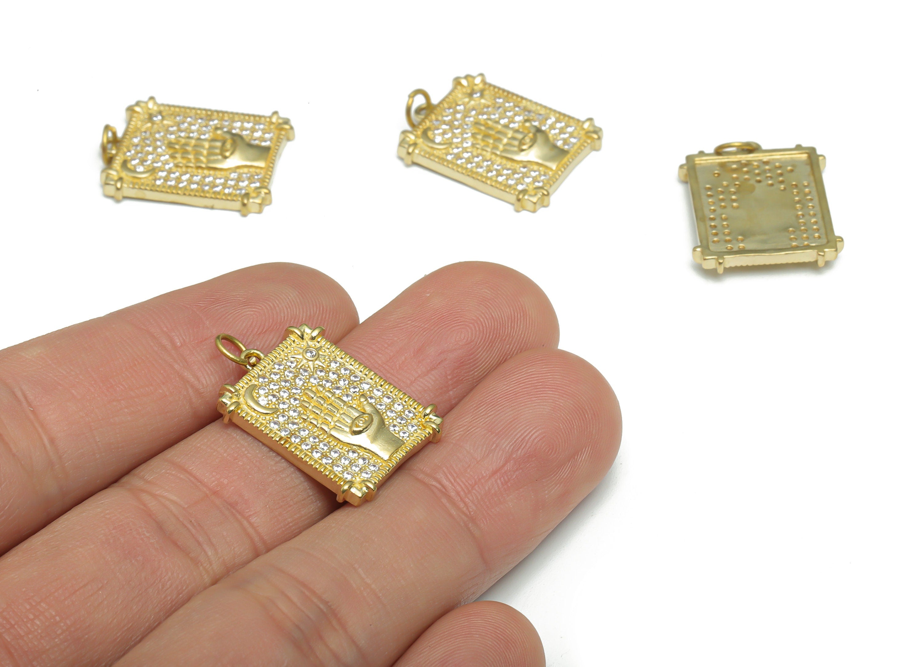 Brass Square Moon Sun Earring Charms With Zircons - Raw Brass Crescent Hand Eye Pendant - Jewelry Making Supplies - 24.4x17.1x2.2mm - PP5166 - DOMEDBAZAAR