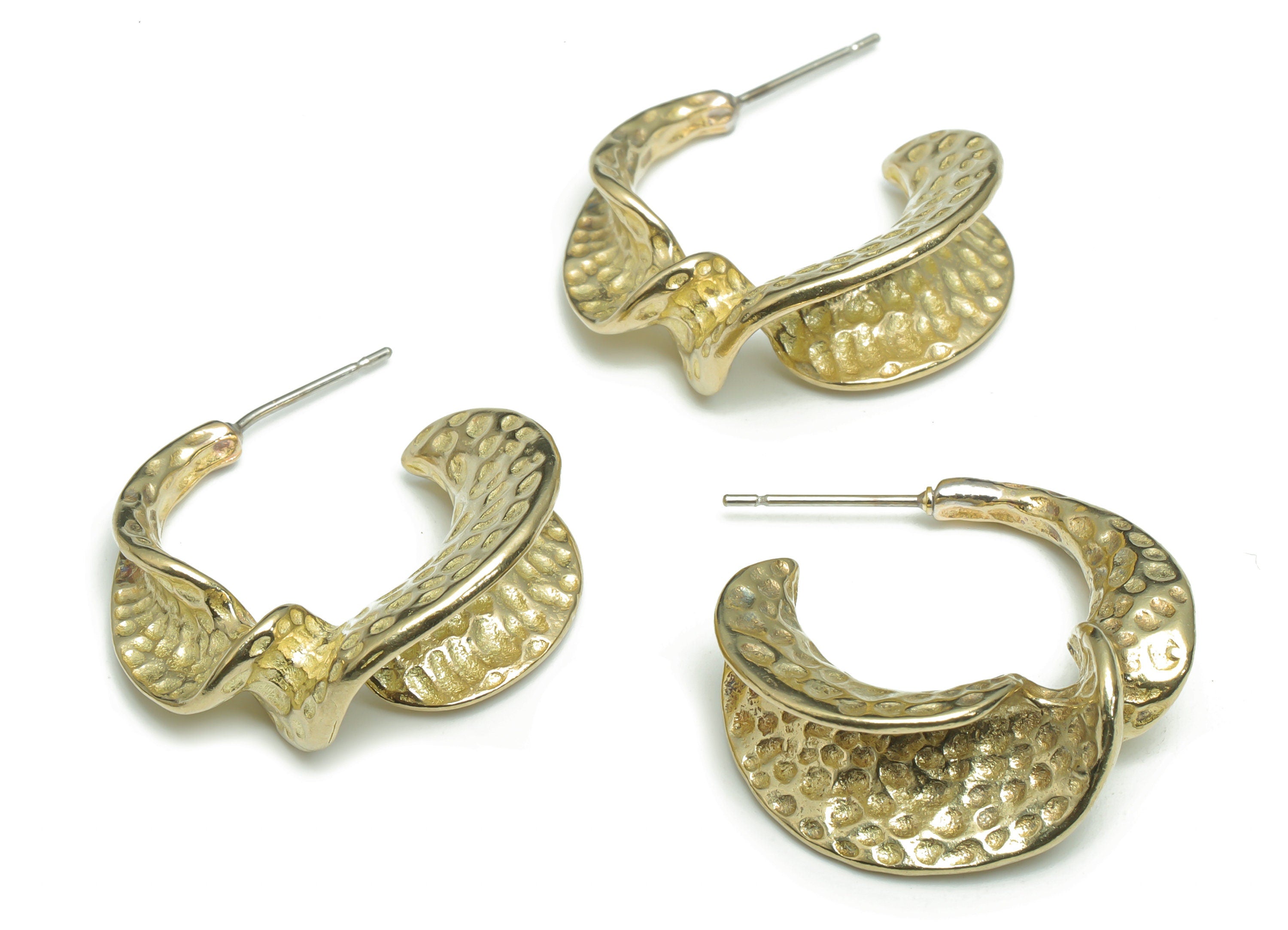 Brass Hammered C Earring Stud - Raw Brass C Irregular Earring Post - Open Hoop Stud - Stainless Steel Stud - 25.95x24.13x1.58mm - PP5149 - DOMEDBAZAAR