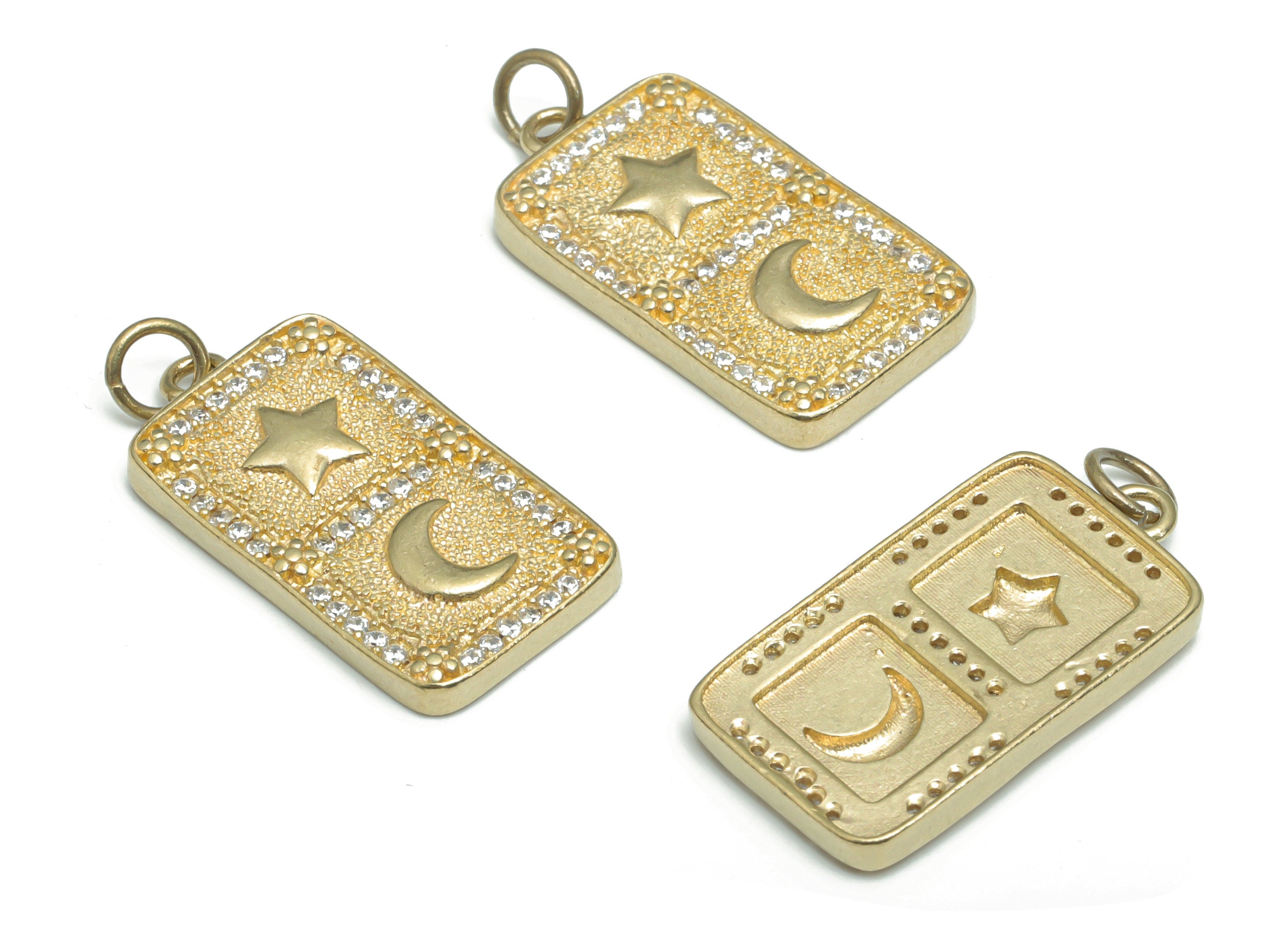Brass Rectangle Crescent Earring Charms With Zircons - Raw Brass Moon Star Flower Pendant - Jewelry Supplies - 28.29x13.26x2.98mm - PP5169 - DOMEDBAZAAR