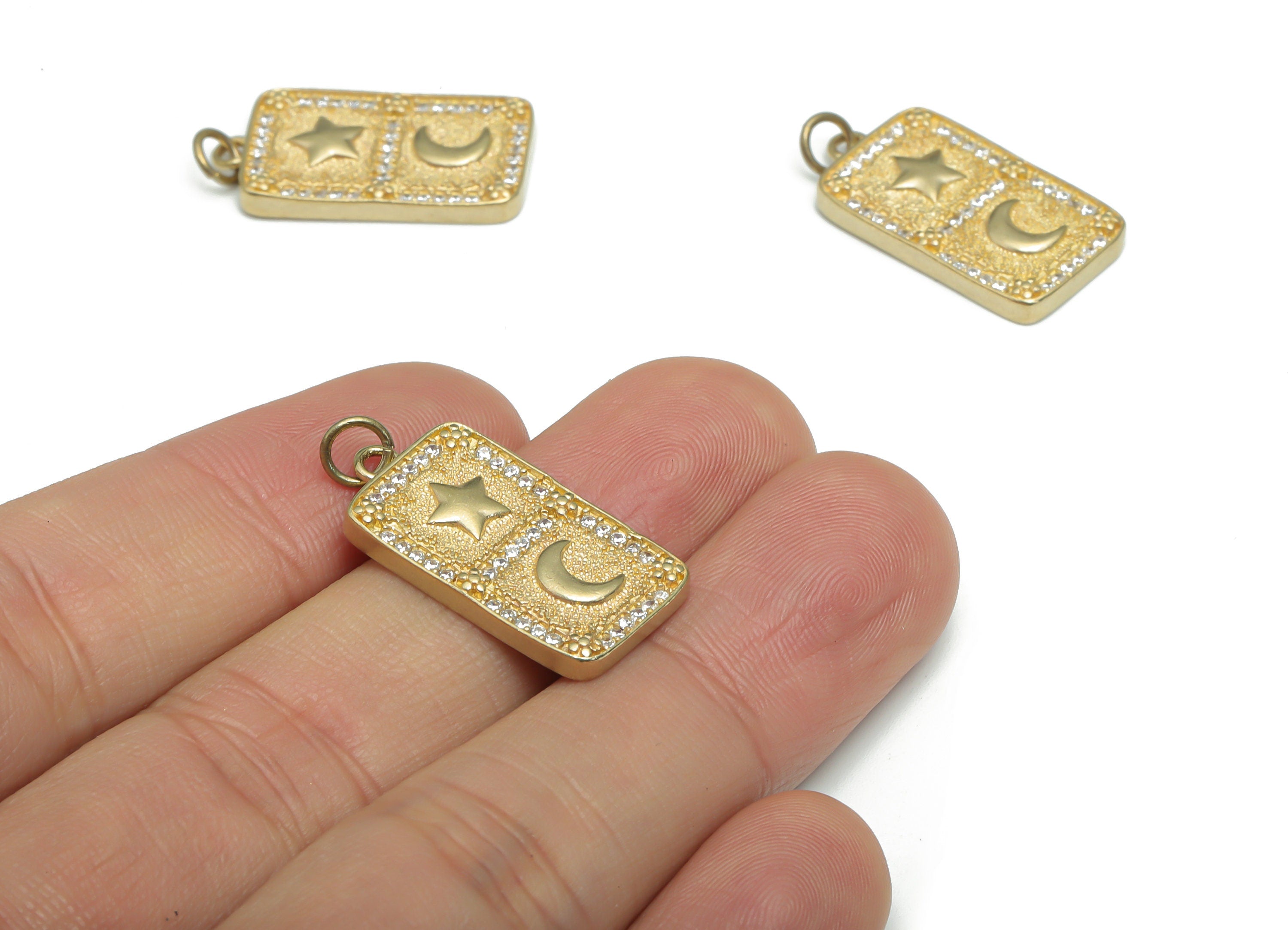 Brass Rectangle Crescent Earring Charms With Zircons - Raw Brass Moon Star Flower Pendant - Jewelry Supplies - 28.29x13.26x2.98mm - PP5169 - DOMEDBAZAAR