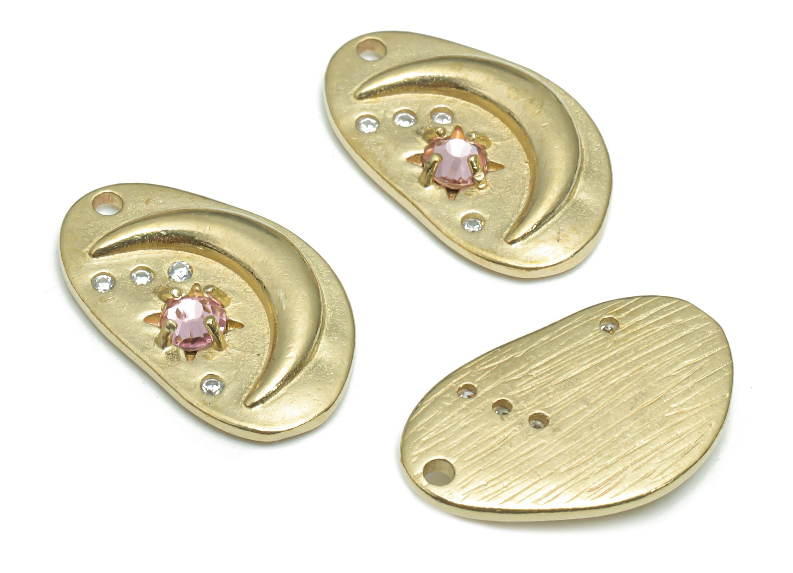Brass Texture Irregular Crescent Charms With Zircons - Raw Brass Moon Star Planet Pendant - Jewelry Supplies - 18.05x10.86x2.67mm - PP5173 - DOMEDBAZAAR