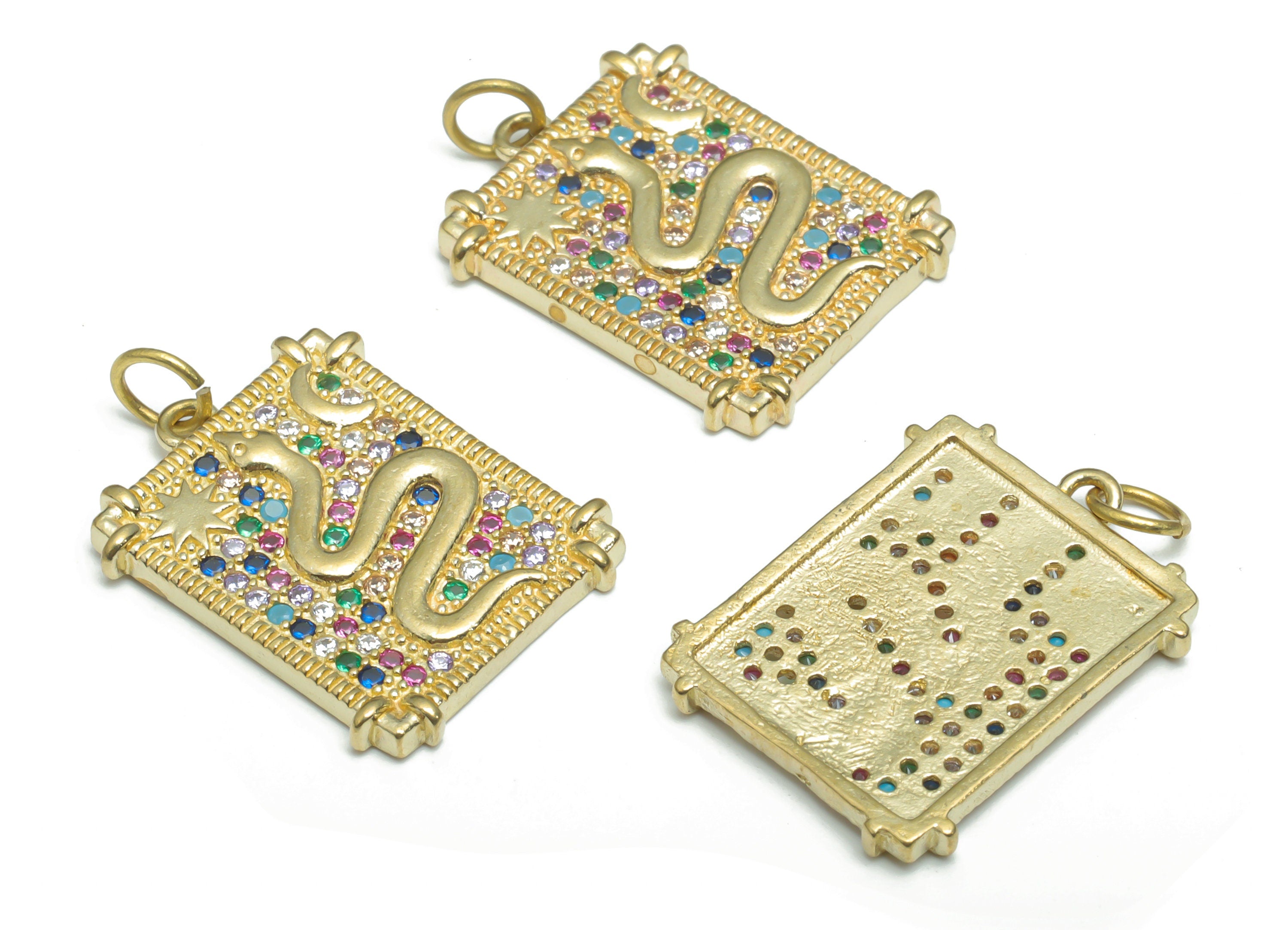 Brass Square Snake Planet Crescent Earring Charms With Zircons - Raw Brass Star Moon Pendant - Indian Style - 21.91x17.06x2.3mm - PP5172 - DOMEDBAZAAR