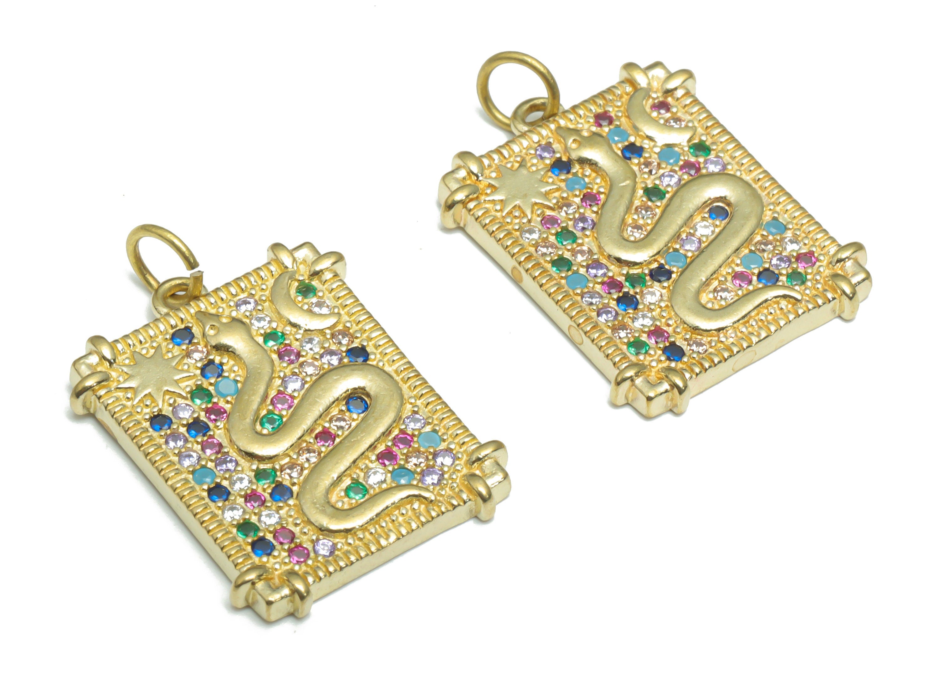 Brass Square Snake Planet Crescent Earring Charms With Zircons - Raw Brass Star Moon Pendant - Indian Style - 21.91x17.06x2.3mm - PP5172 - DOMEDBAZAAR