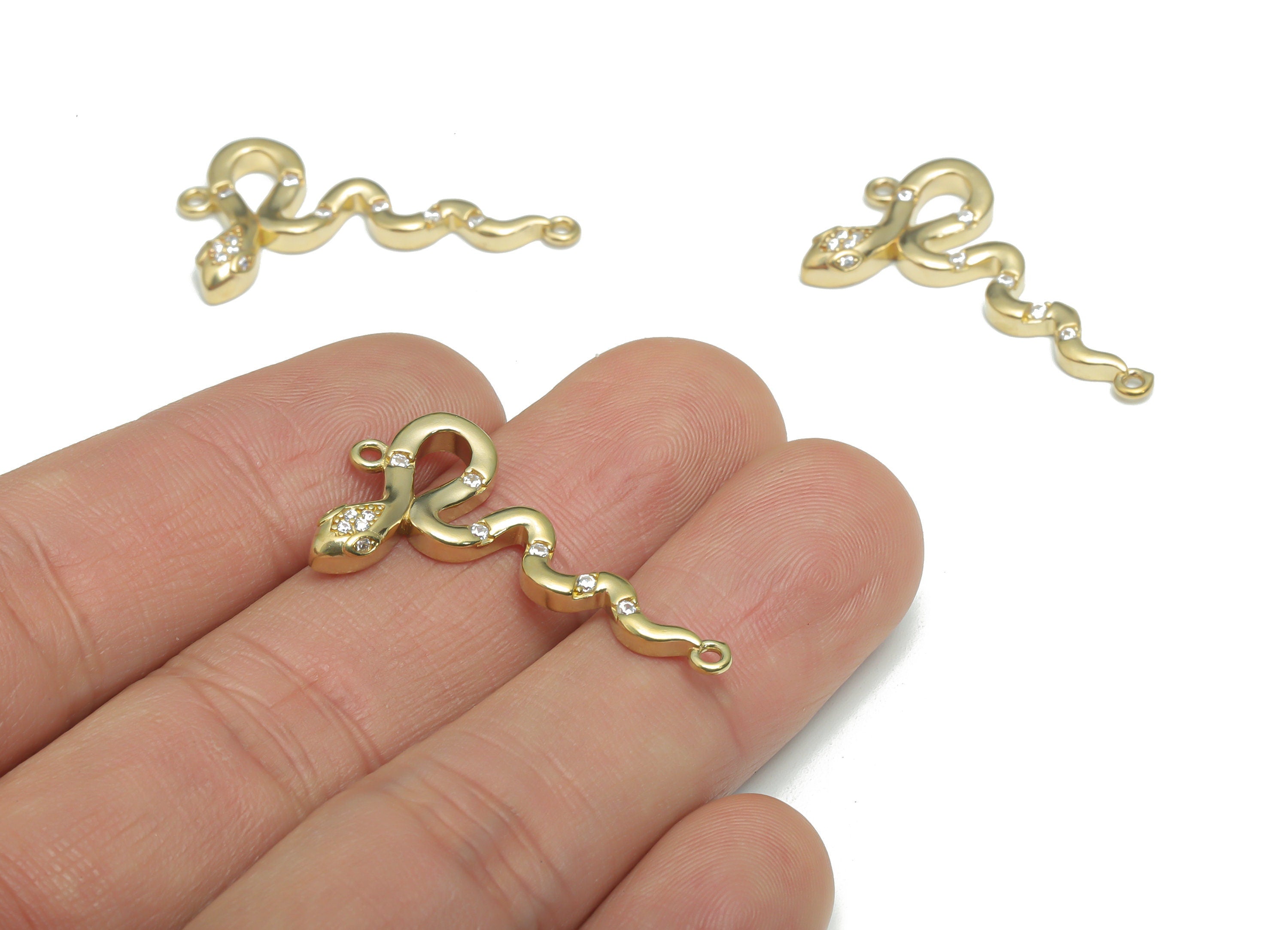 Brass Snake Earring Connectors With Zircons - Raw Brass Snake Charms and Pendant - Jewelry Making Supplies - 32.86x17.84x3.27mm - PP5168 - DOMEDBAZAAR