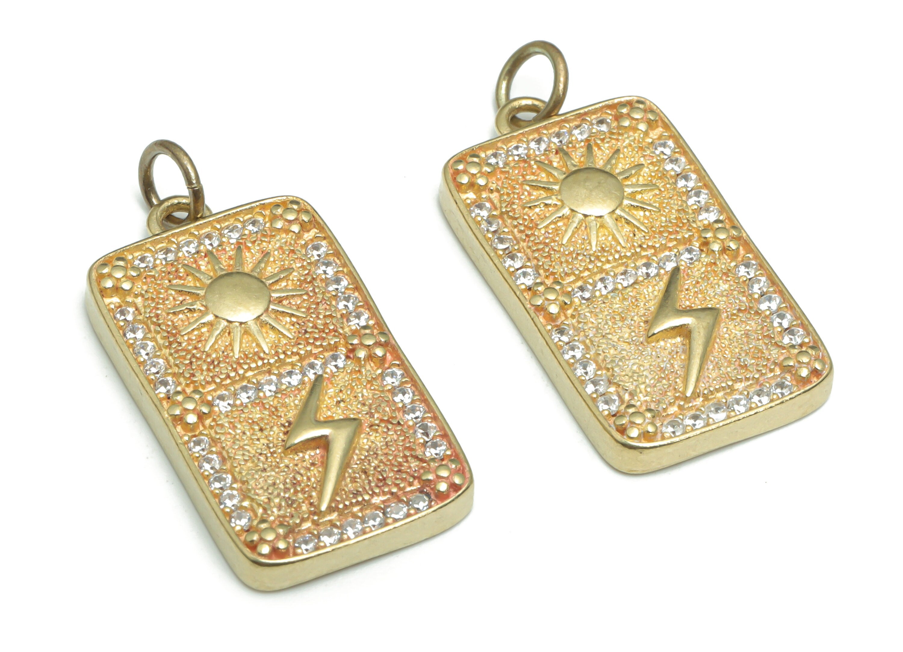 Brass Rectangle Sun Earring Charms With Zircons - Raw Brass Lightning Rectangle Pendant - Jewelry Making Supplies - 28.29x13.26x3mm - PP5170 - DOMEDBAZAAR