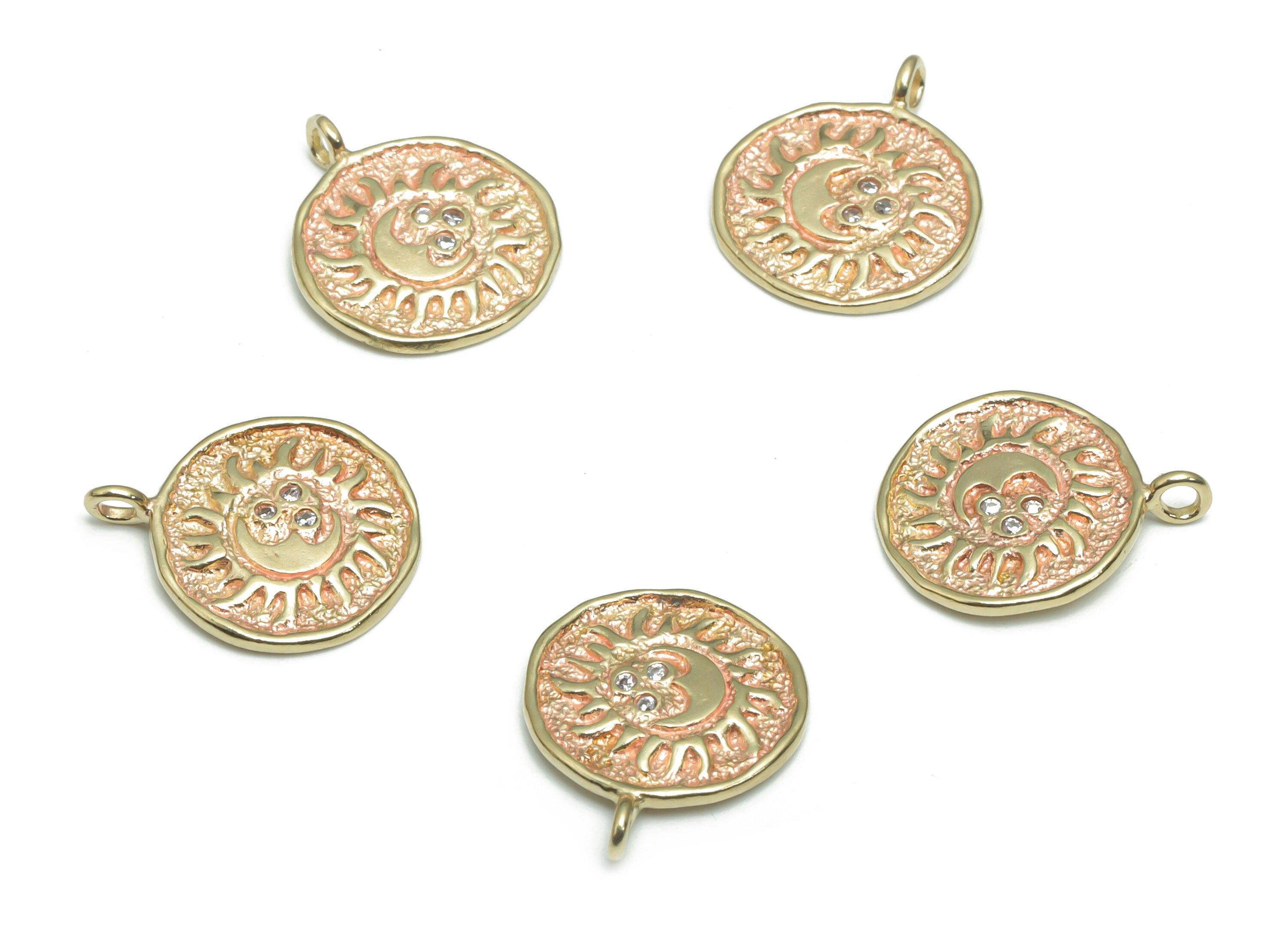 Brass Round Sun Crescent Earring Charms With Zircons - Raw Brass Moon Circle Pendant - Jewelry Making Supplies - 15.36x12.87x1.21mm - PP5176 - DOMEDBAZAAR