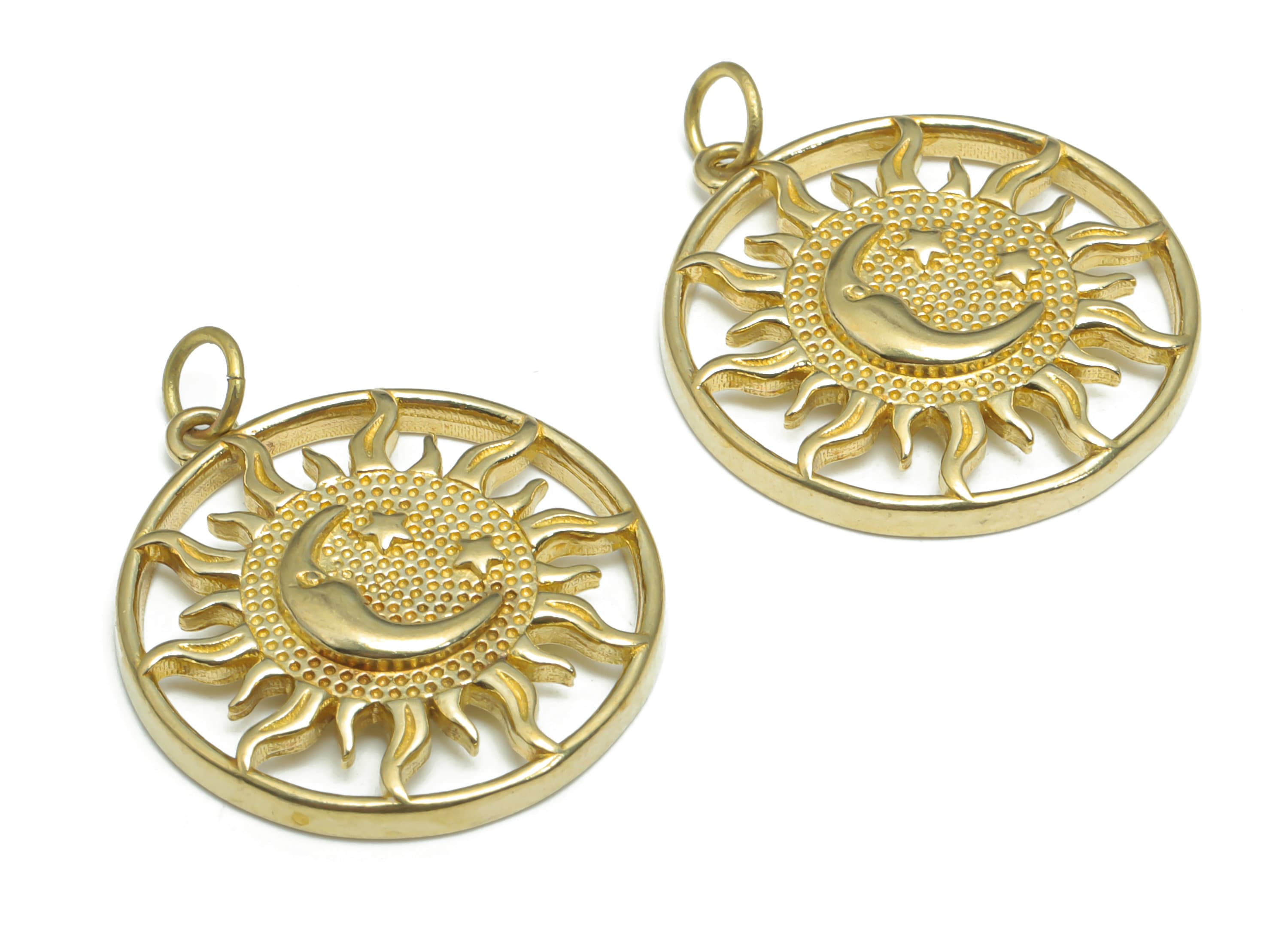 Brass Round Sun Crescent Earring Charms - Raw Brass Moon Star Circle Pendant - Jewelry Making Supplies - 23.67x21.64x2.78mm - PP5156 - DOMEDBAZAAR