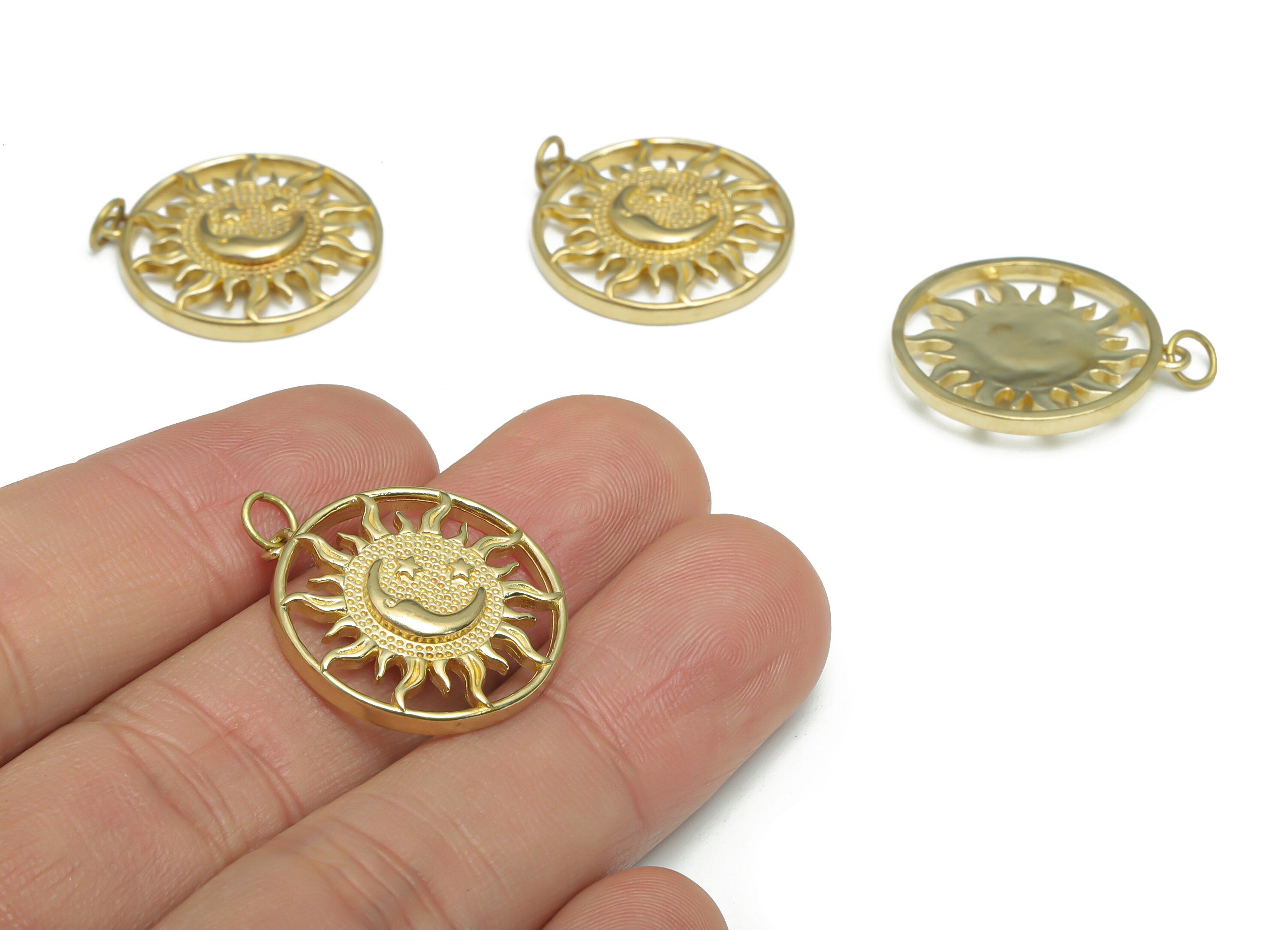 Brass Round Sun Crescent Earring Charms - Raw Brass Moon Star Circle Pendant - Jewelry Making Supplies - 23.67x21.64x2.78mm - PP5156 - DOMEDBAZAAR