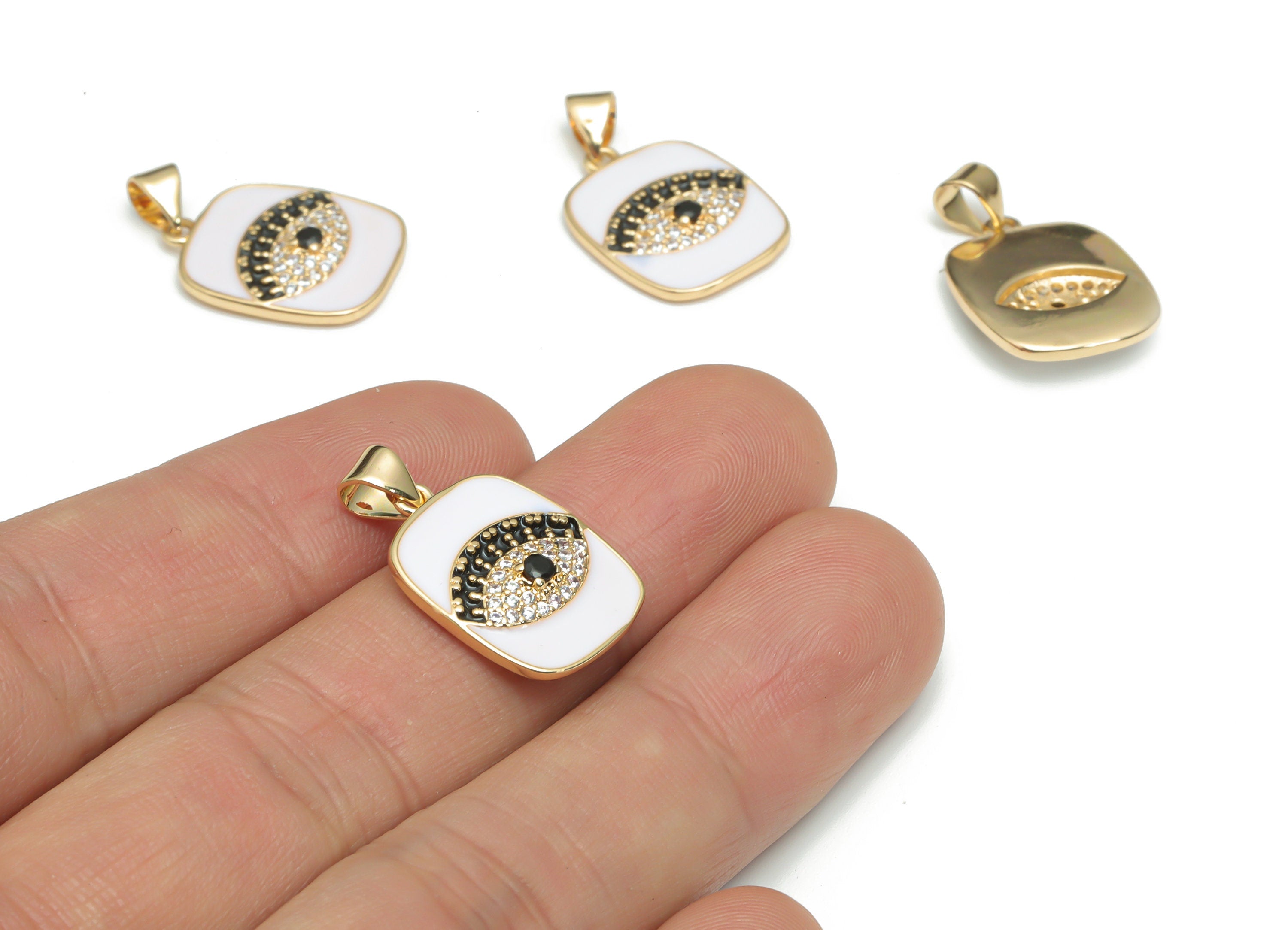 Brass Square Eye Earring Charms With Zircons - Enamel Gold Square Eyelash Pendant - 18K Real Gold Plated Brass - 24.43x14.6x3.4mm - RGP4298A - DOMEDBAZAAR