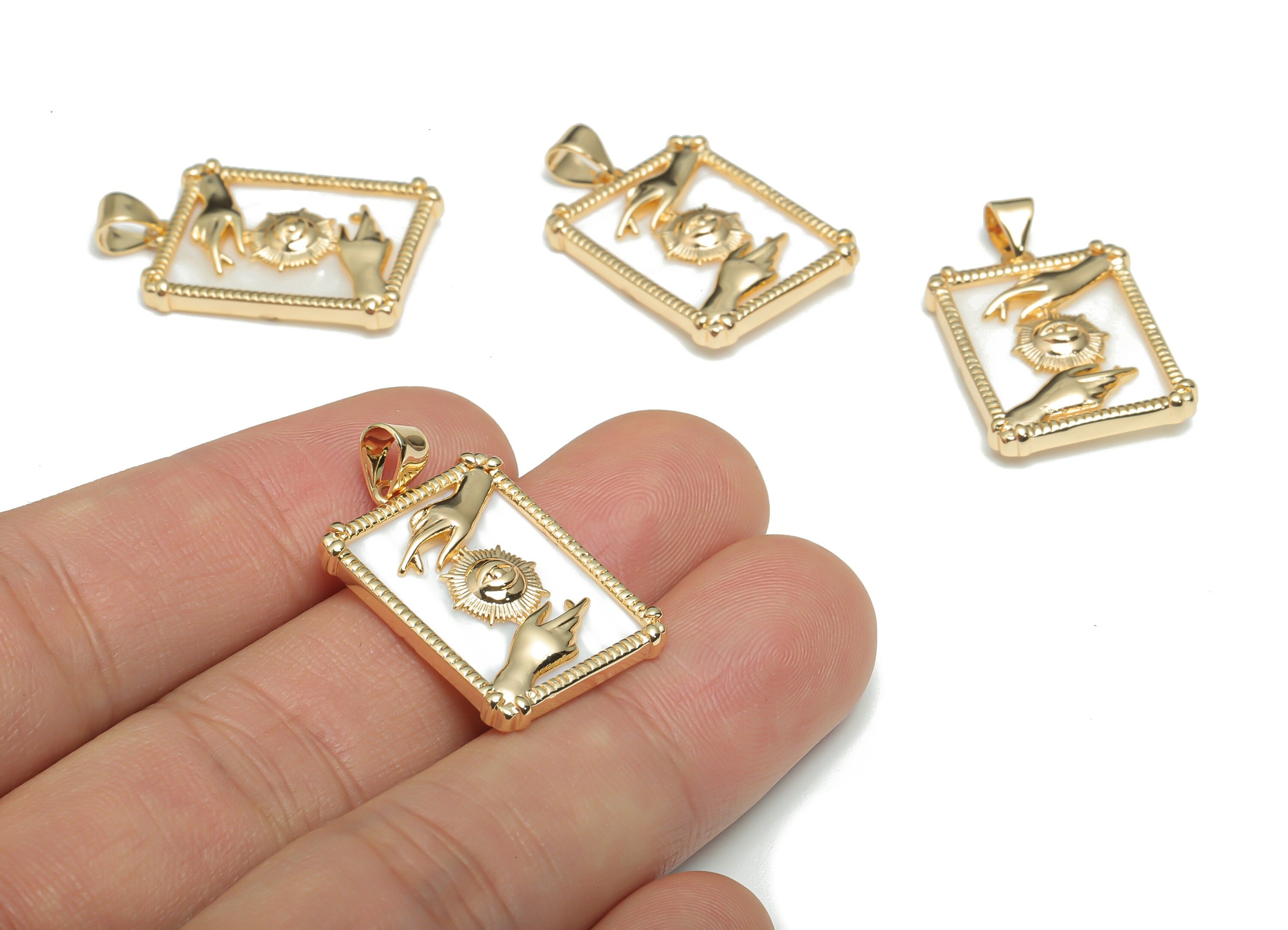 Brass Rectangle Hand Sun Charms - Gold Rectangle Eye Pendant - Shell Charm - 18K Real Gold Plated Brass - 29.18x17.8x3.08mm - RGP4300B - DOMEDBAZAAR
