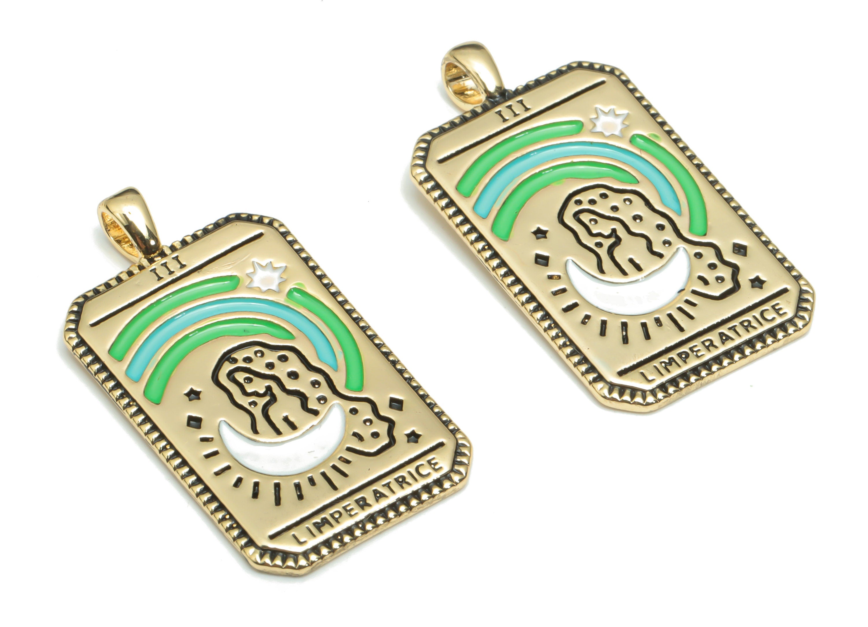 Brass Rectangle Planet Rainbow Charms With Zircons - Enamel Gold Woman Sun Moon Pendant - 18K Real Gold Plated Brass - 30x16x1mm - RGP4299 - DOMEDBAZAAR