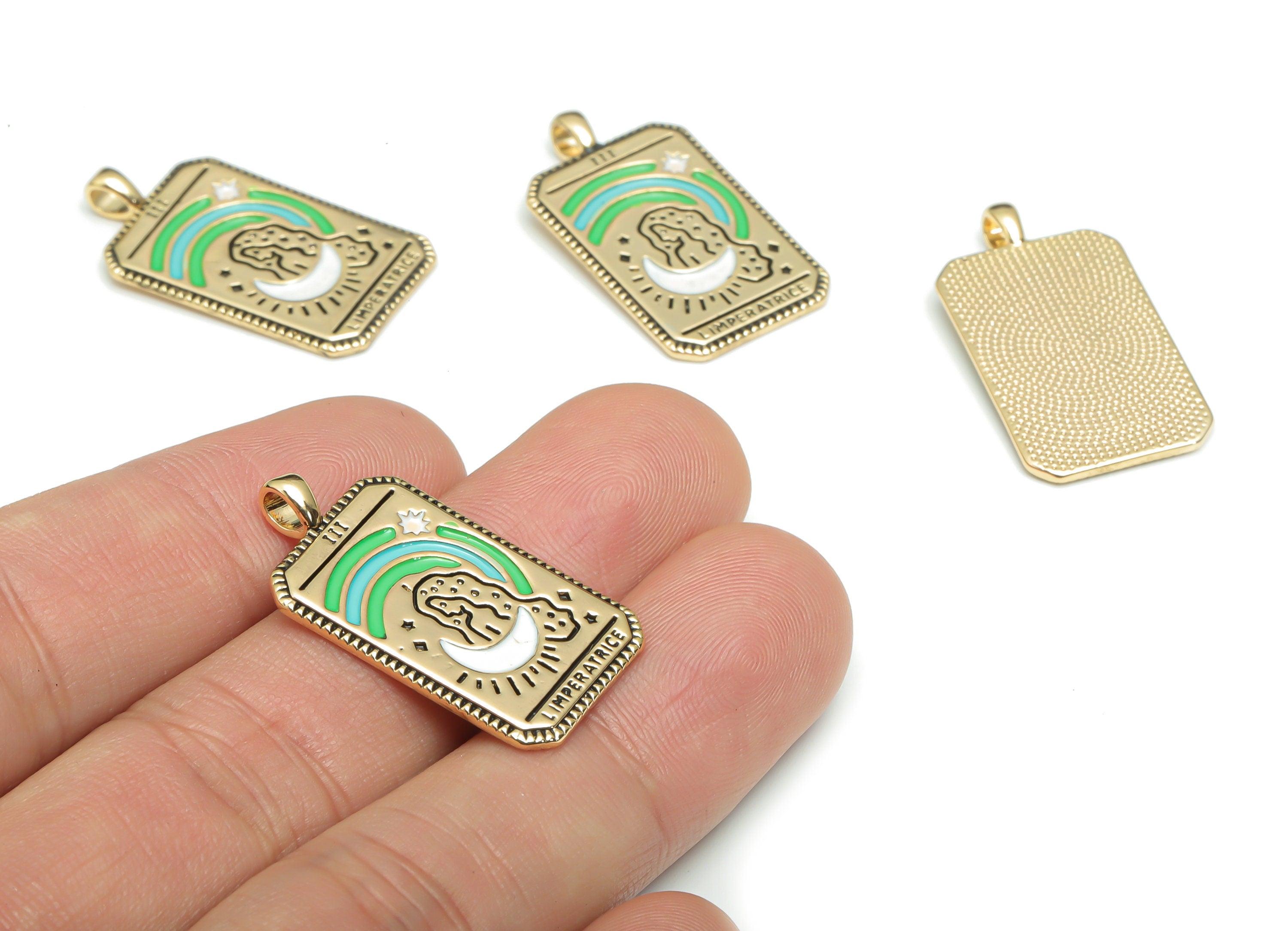 Brass Rectangle Planet Rainbow Charms With Zircons - Enamel Gold Woman Sun Moon Pendant - 18K Real Gold Plated Brass - 30x16x1mm - RGP4299 - DOMEDBAZAAR