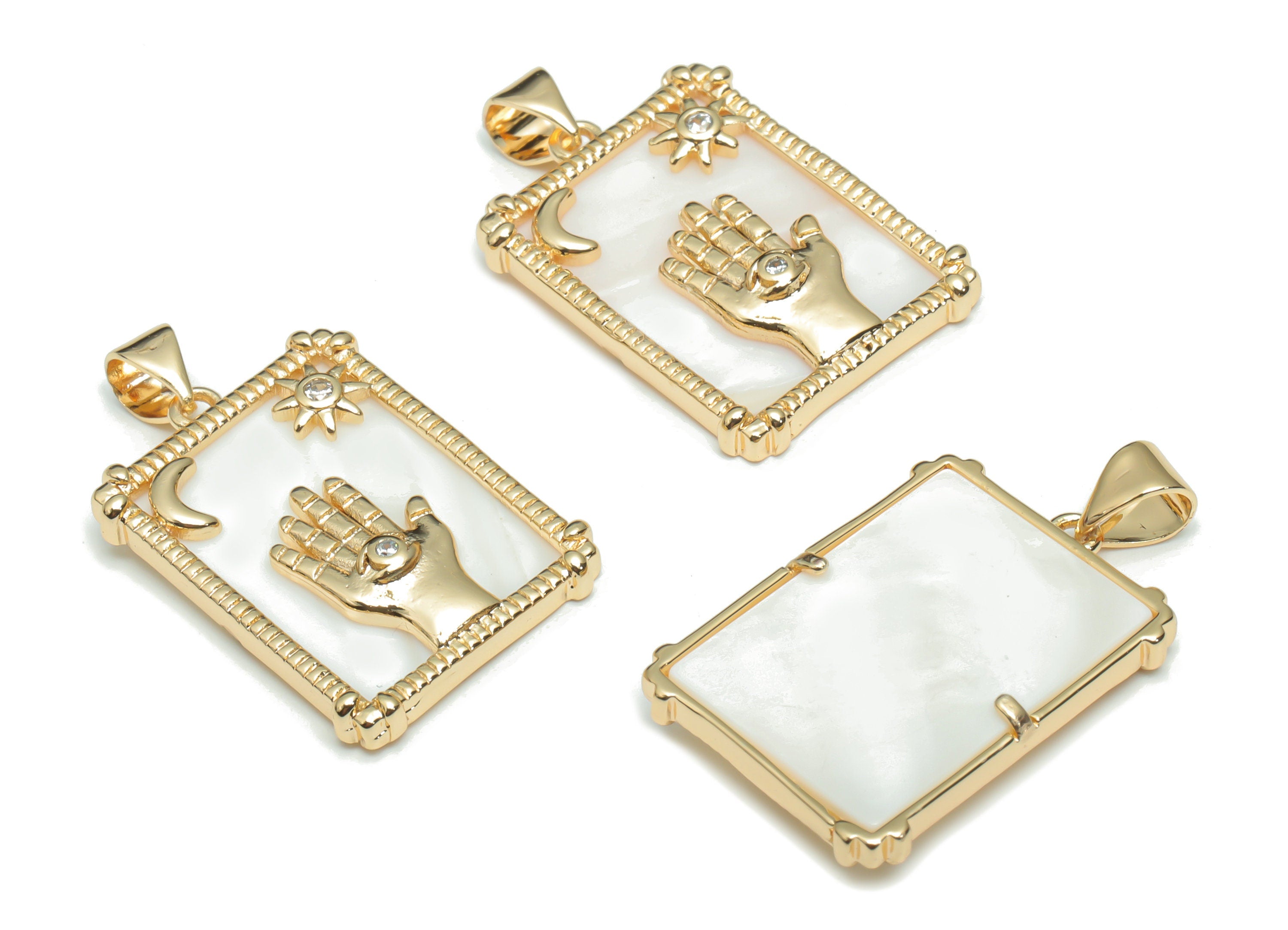 Brass Rectangle Crescent Planet Charms With Zincons - Shell Hand Sun Moon Star Eye Pendant - 18K Real Gold Plated - 29x18x3.1mm- RGP4300C - DOMEDBAZAAR