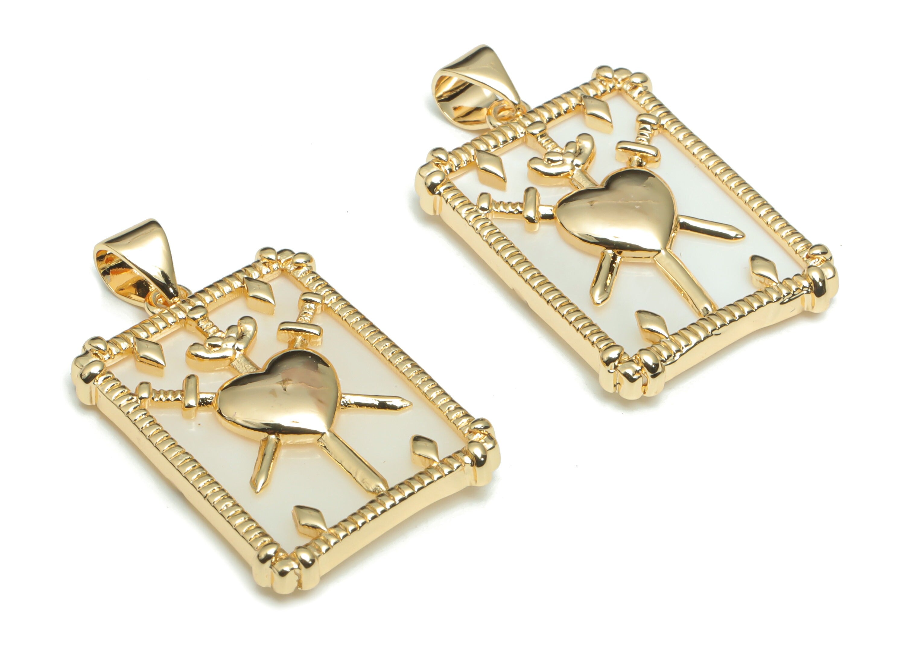 Brass Rectangle Planet Heart Earring Charms - Gold Star Pendant - Shell Charms - 18K Real Gold Plated Brass - 29.2x17.8x3.1mm - RGP4300A - DOMEDBAZAAR