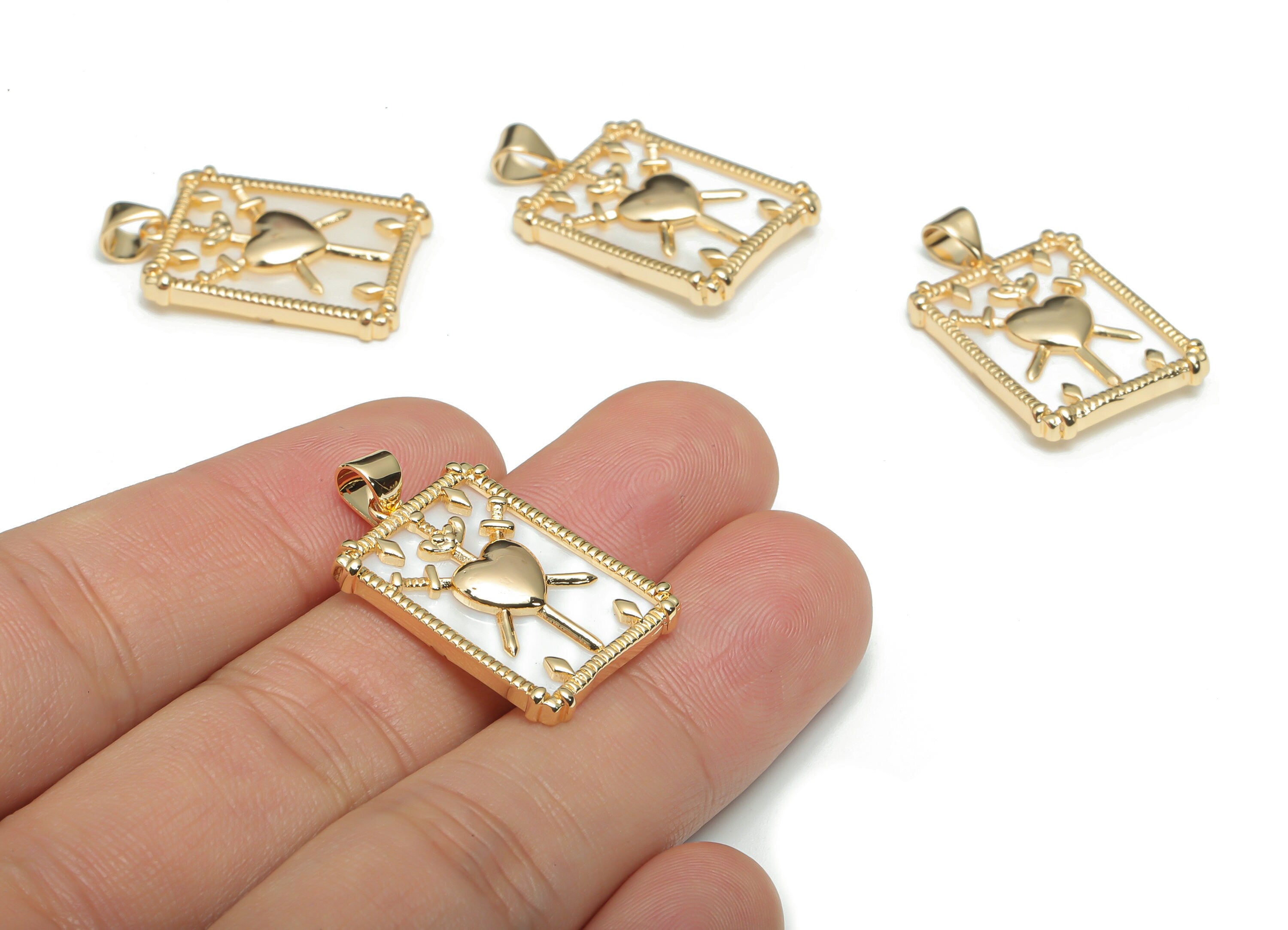 Brass Rectangle Planet Heart Earring Charms - Gold Star Pendant - Shell Charms - 18K Real Gold Plated Brass - 29.2x17.8x3.1mm - RGP4300A - DOMEDBAZAAR