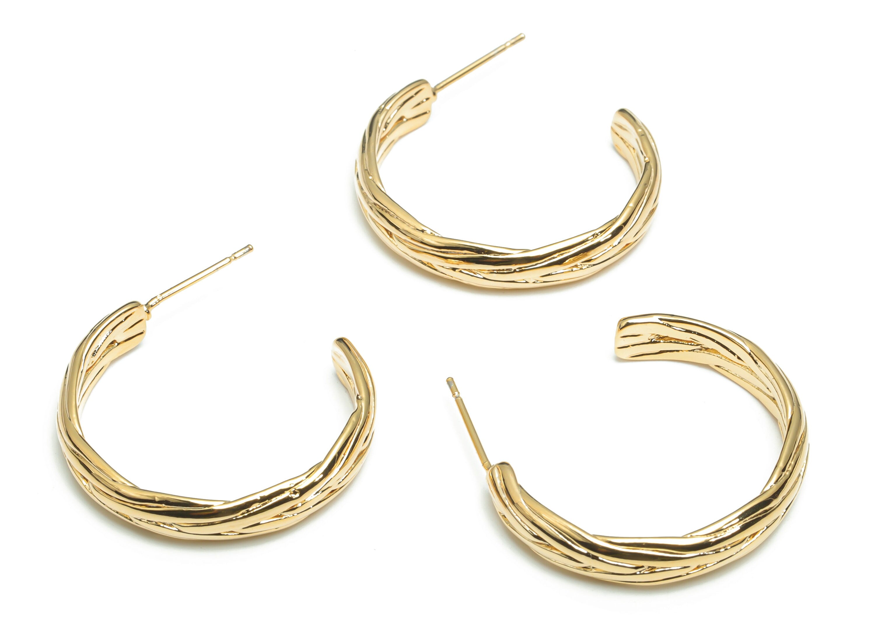 Brass C Hoop Earring Stud - Gold C Chain Hoop Earring Post - Stainless Steel Stud - 18k Real Gold Plated Brass - 27.18x24.38x1.9mm - RGP3424 - DOMEDBAZAAR