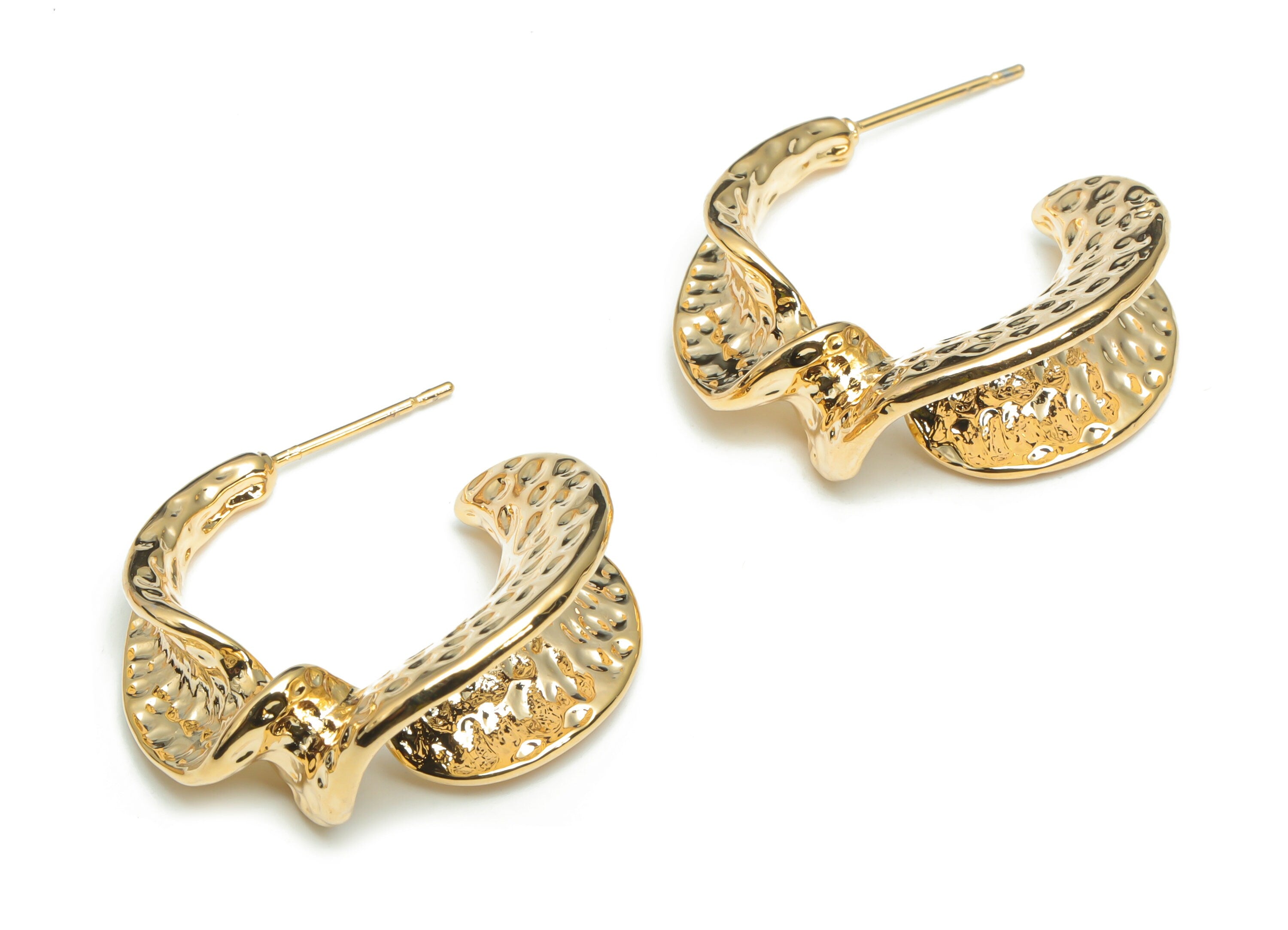 Brass Hammered C Earring Stud - Gold C Irregular Earring Post - Stainless Steel Stud - 18k Real Gold Plated Brass - 26.7x22.2x1.6mm- RGP4304 - DOMEDBAZAAR