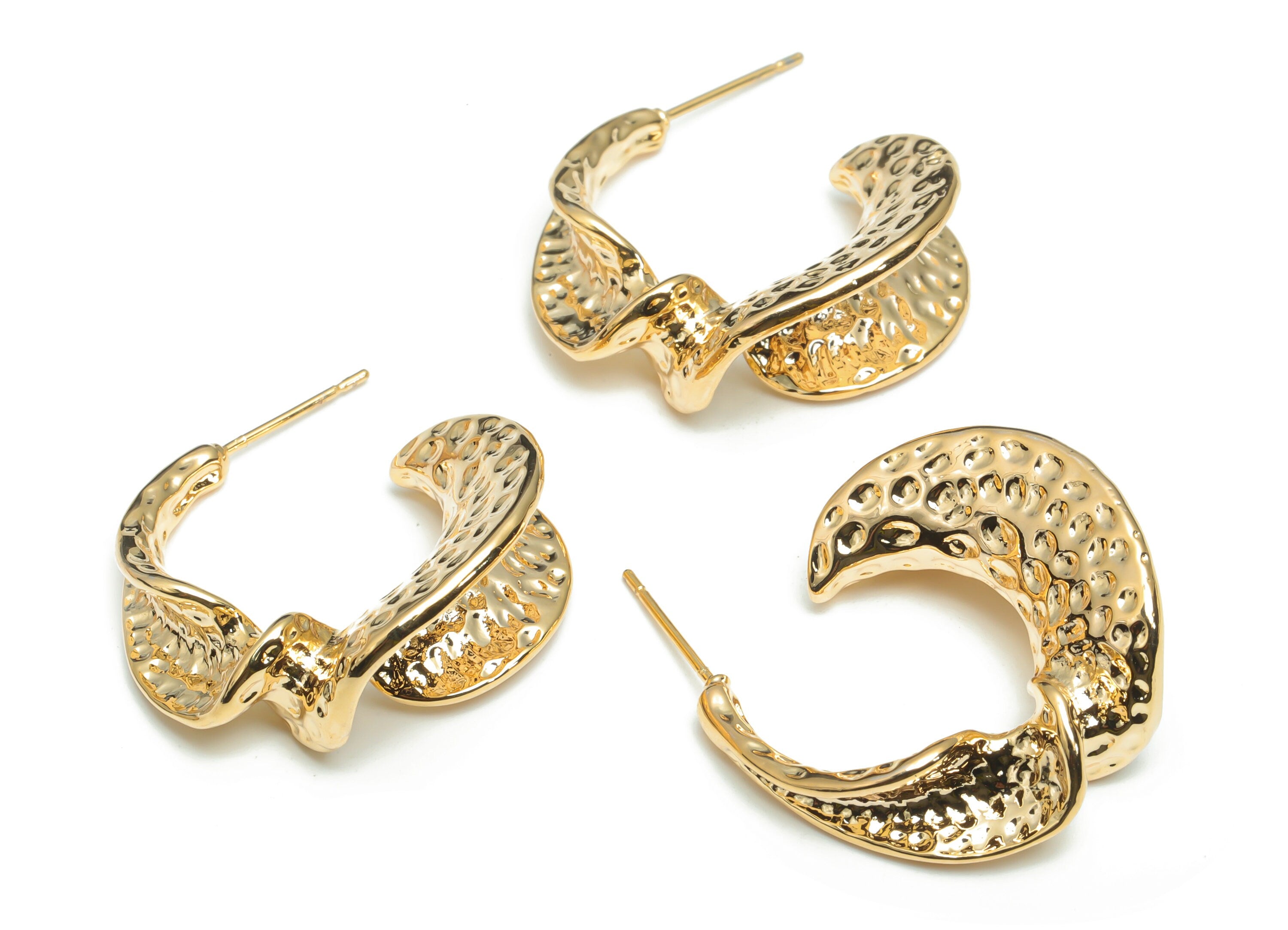 Brass Hammered C Earring Stud - Gold C Irregular Earring Post - Stainless Steel Stud - 18k Real Gold Plated Brass - 26.7x22.2x1.6mm- RGP4304 - DOMEDBAZAAR