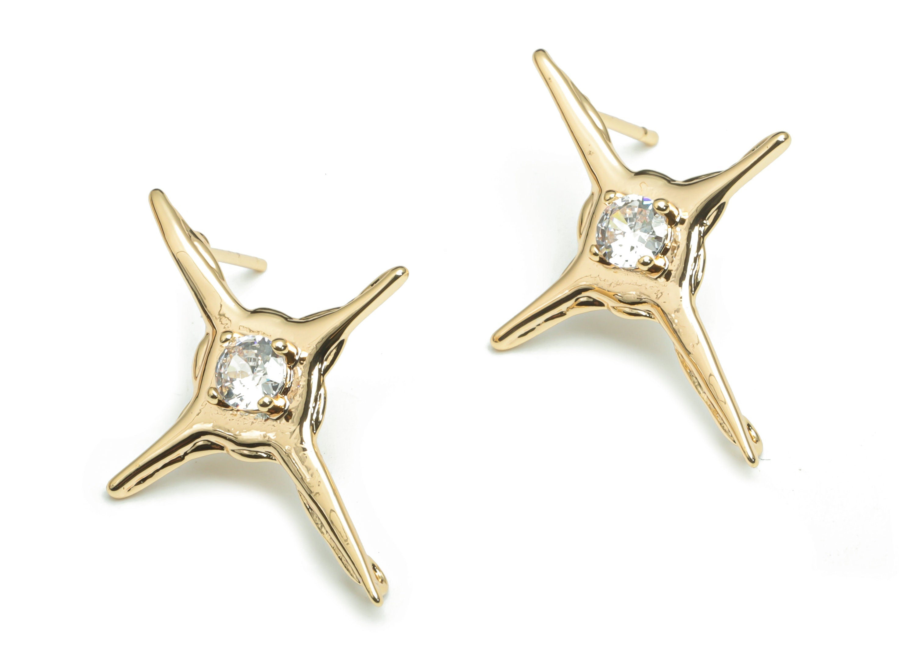 Brass Planet Earring Stud With Zircon - Gold Star Earring Post - Stainless Steel Stud - 18K Gold Plated Brass - 30.85x22.61x3.57mm - RGP4308 - DOMEDBAZAAR