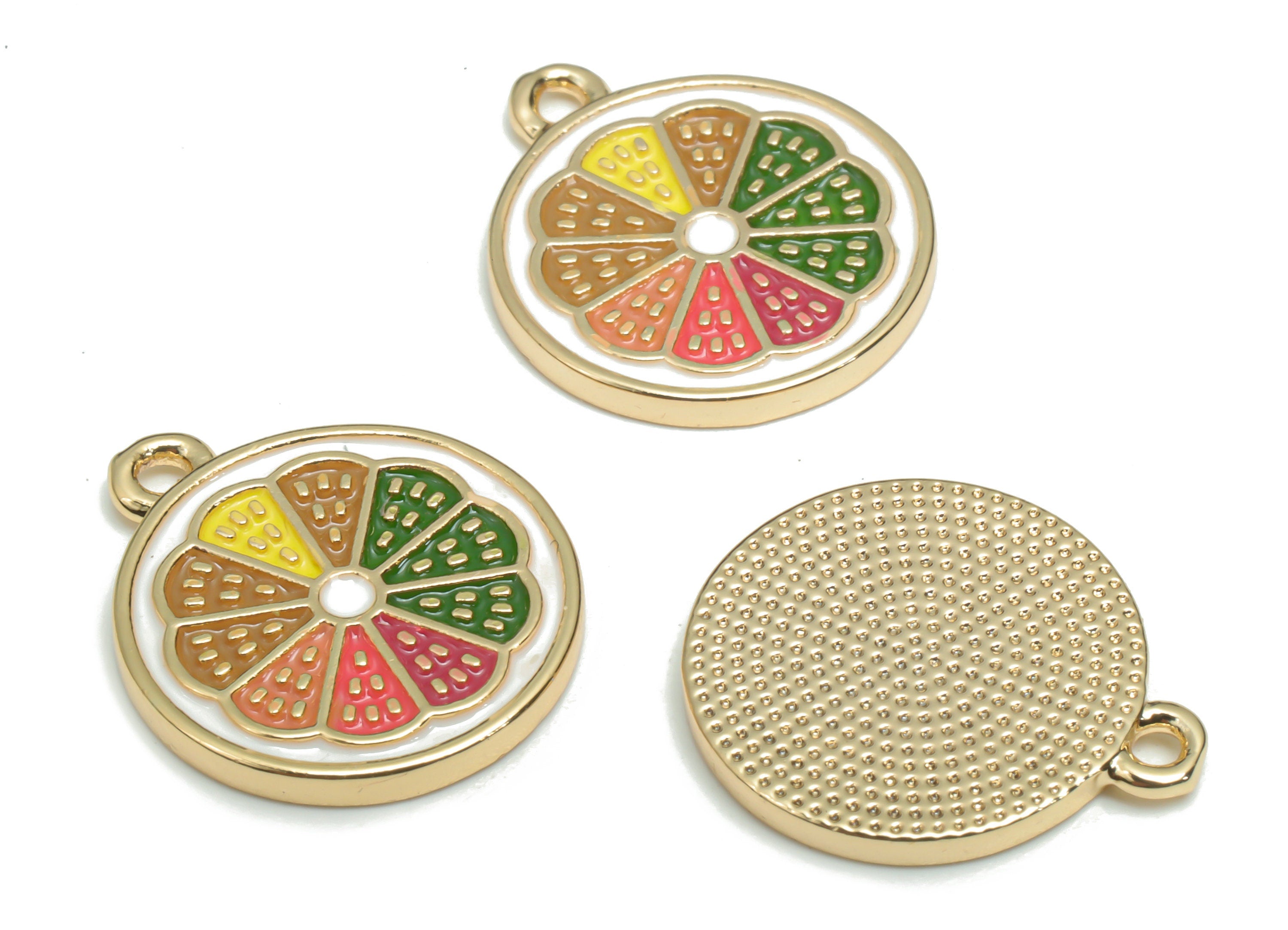 Brass Round Watermelon Earring Charms - Enamel Gold Flower Circle Pendant - 18K Real Gold Plated Brass - 17.31x15.03x1.5mm - RGP4346 - DOMEDBAZAAR