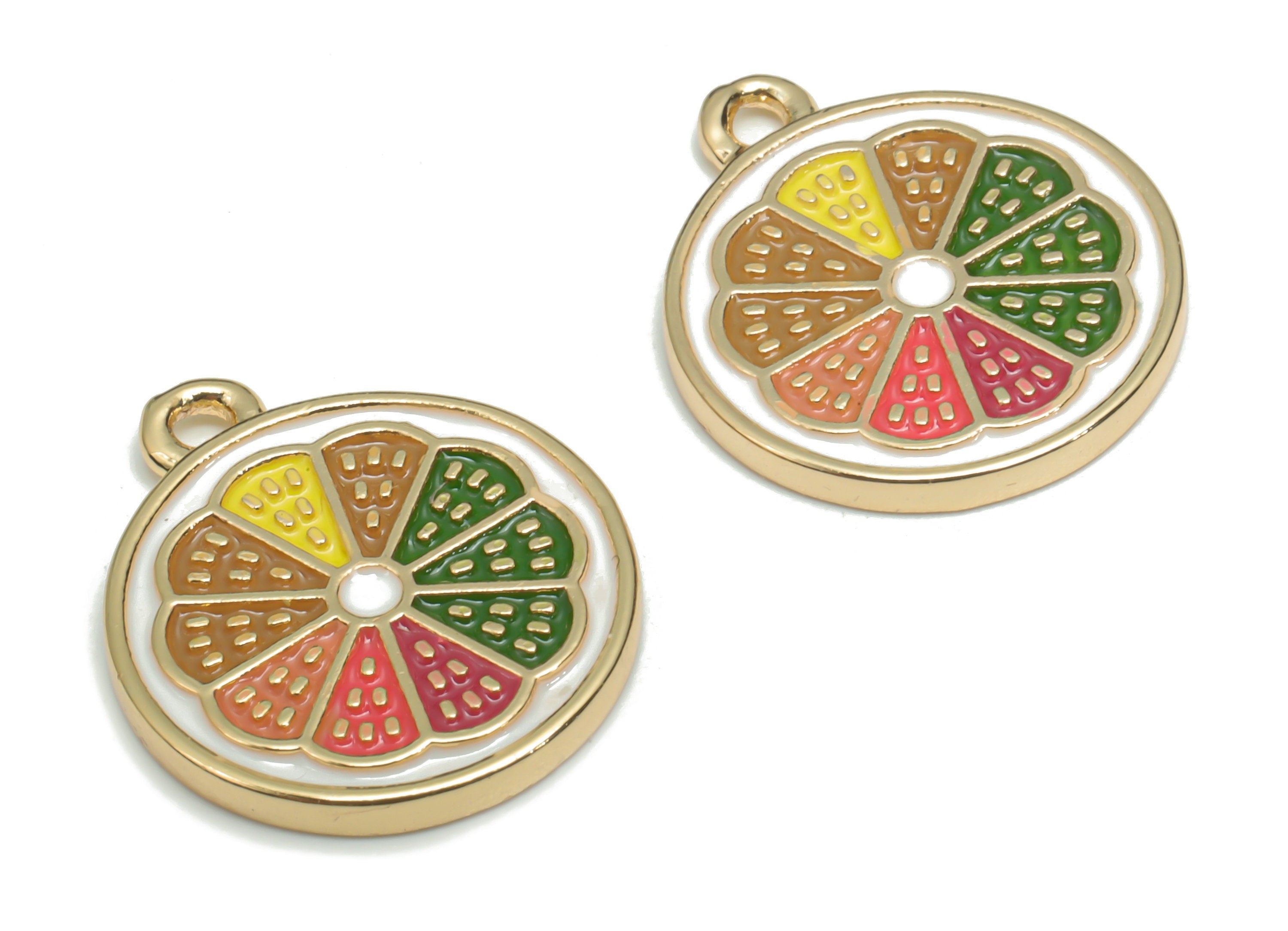 Brass Round Watermelon Earring Charms - Enamel Gold Flower Circle Pendant - 18K Real Gold Plated Brass - 17.31x15.03x1.5mm - RGP4346 - DOMEDBAZAAR