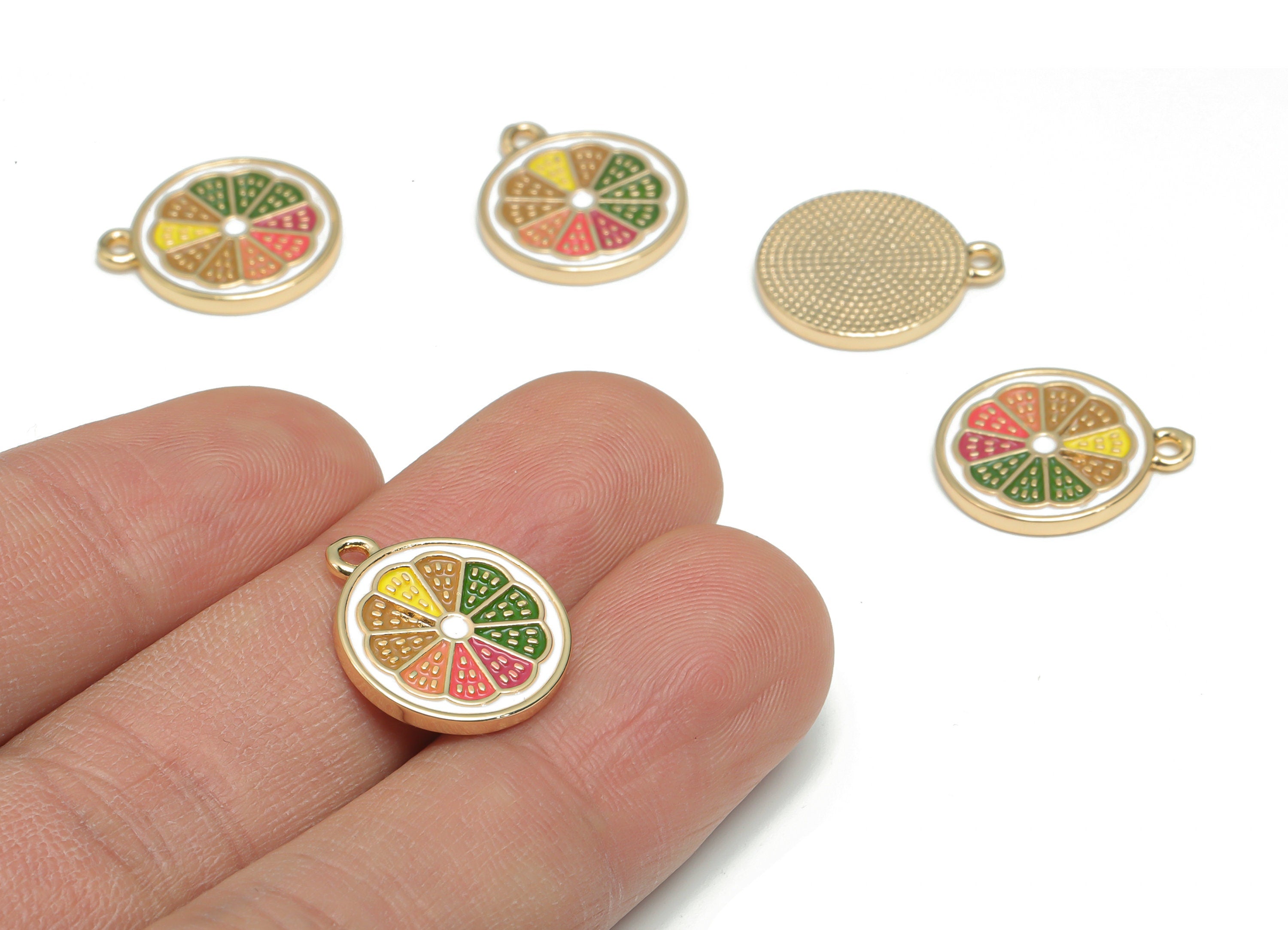 Brass Round Watermelon Earring Charms - Enamel Gold Flower Circle Pendant - 18K Real Gold Plated Brass - 17.31x15.03x1.5mm - RGP4346 - DOMEDBAZAAR