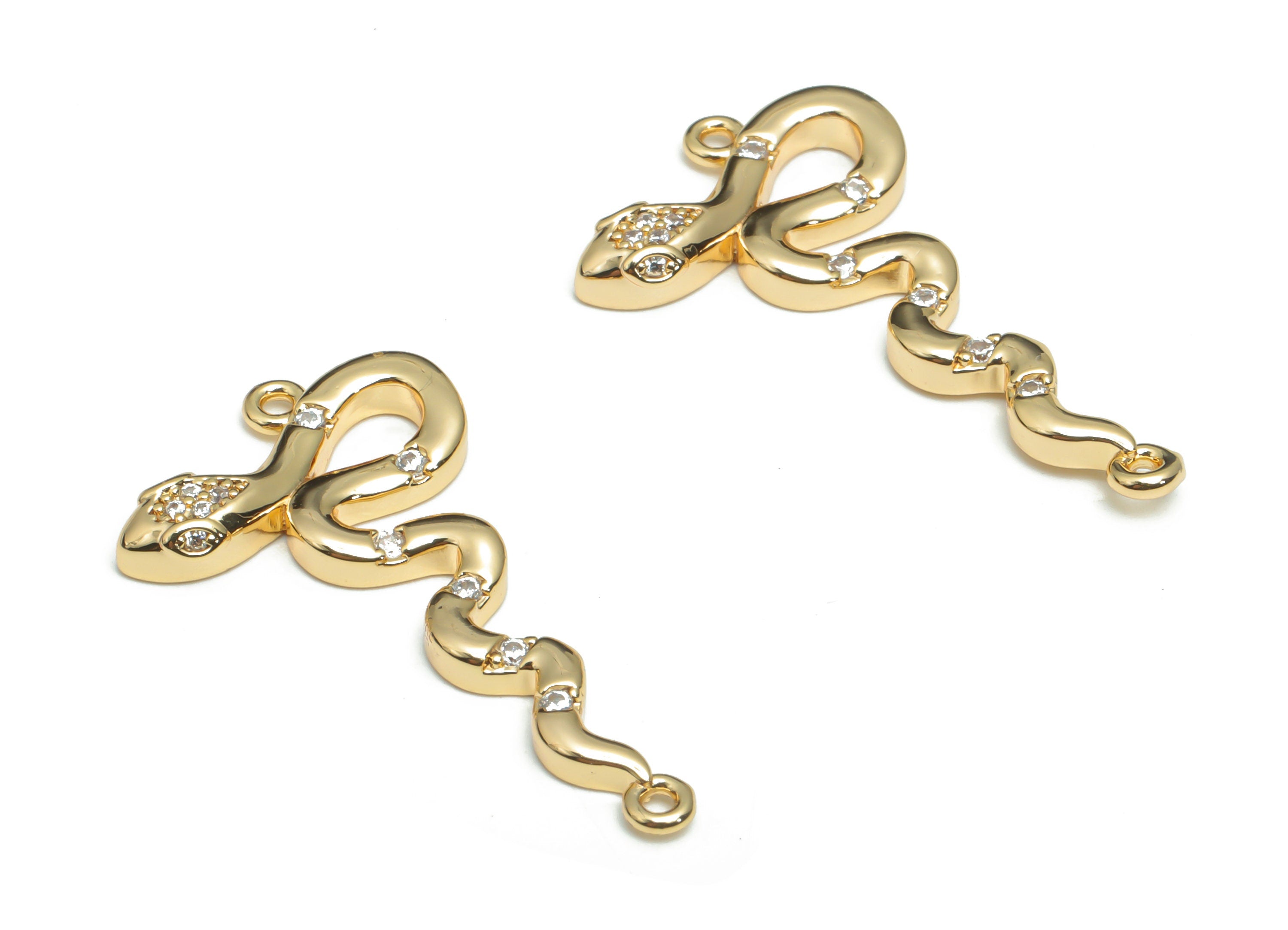 Brass Snake Earring Connectors With Zircons - Gold Snake Charms and Pendant - 18K Real Gold Plated Brass - 33.28x18.23x3.2mm - RGP4309 - DOMEDBAZAAR