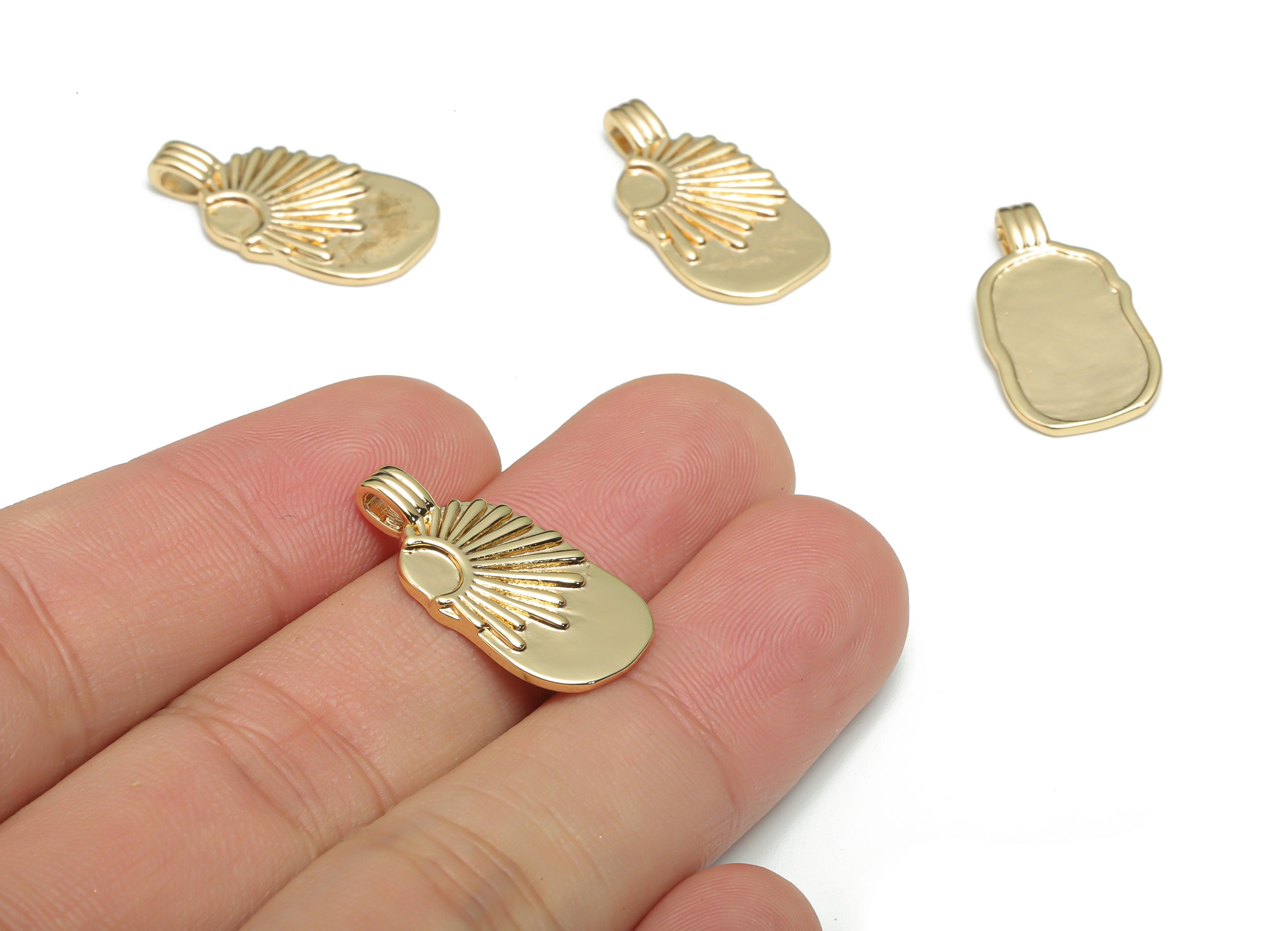 Brass Square Sun Earring Charms - Gold Sun Square Pendant - Oval With Loop - 18K Real Gold Plated Brass - 23.66x12.4x1.88mm - RGP4320 - DOMEDBAZAAR