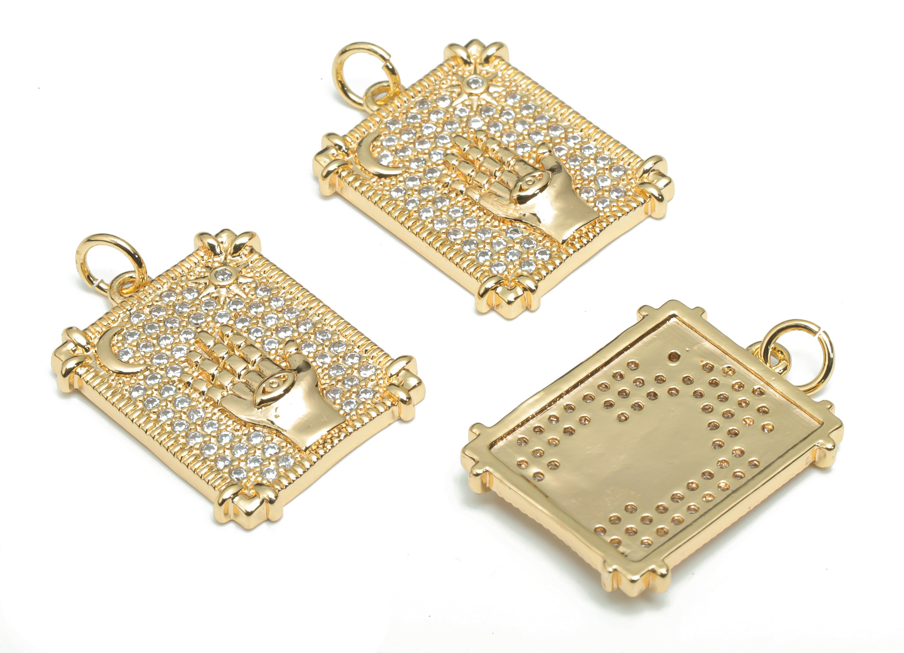 Brass Square Moon Sun Earring Charms With Zircons - Gold Crescent Hand Eye Pendant - 18K Real Gold Plated Brass - 24.77x17.3x2.6mm - RGP4323 - DOMEDBAZAAR