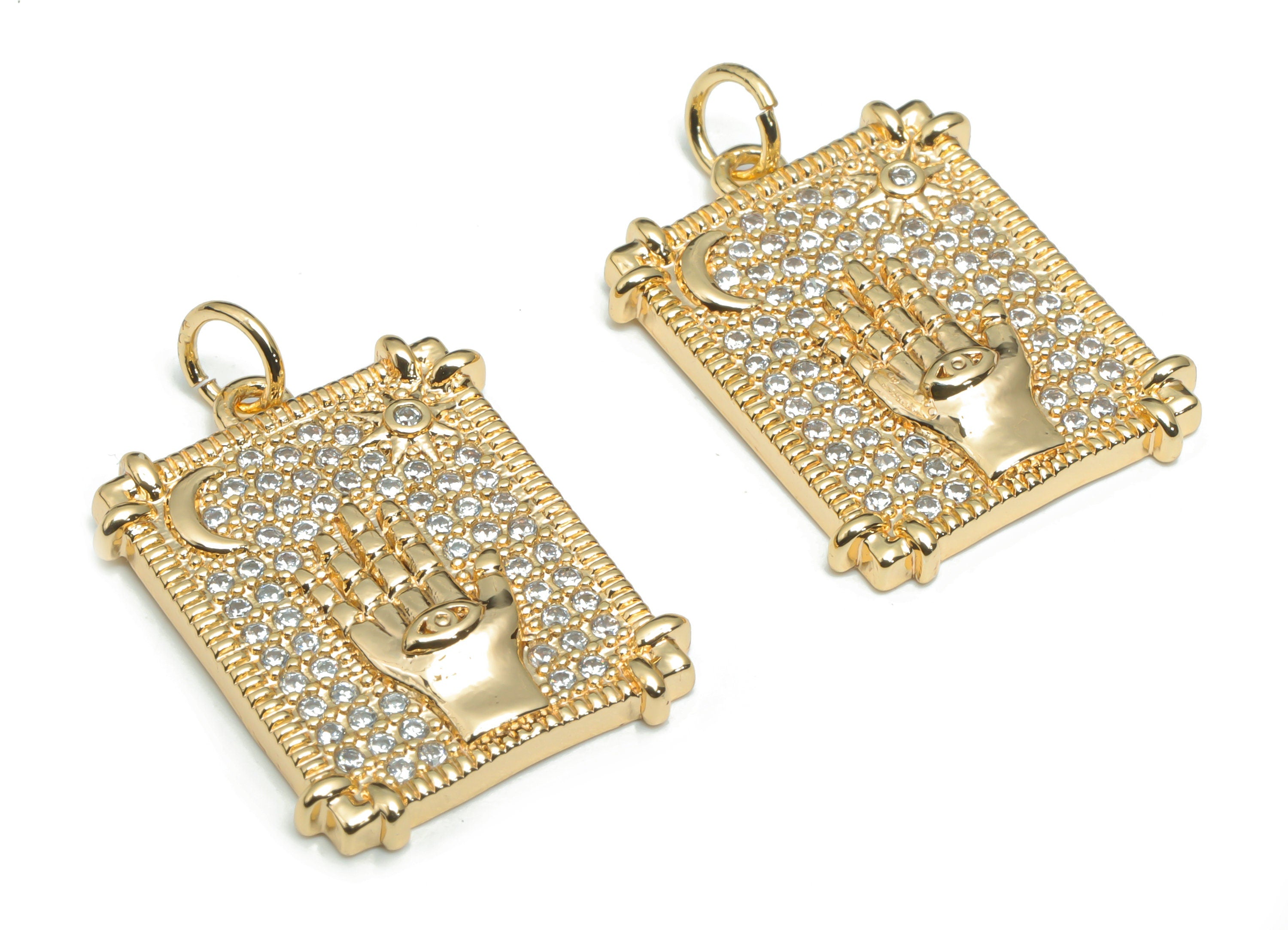 Brass Square Moon Sun Earring Charms With Zircons - Gold Crescent Hand Eye Pendant - 18K Real Gold Plated Brass - 24.77x17.3x2.6mm - RGP4323 - DOMEDBAZAAR