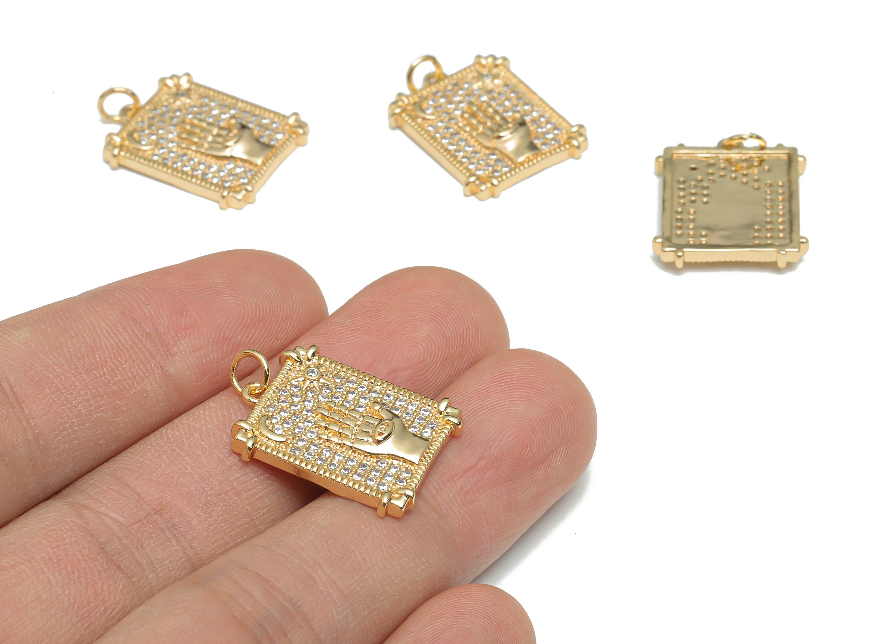 Brass Square Moon Sun Earring Charms With Zircons - Gold Crescent Hand Eye Pendant - 18K Real Gold Plated Brass - 24.77x17.3x2.6mm - RGP4323 - DOMEDBAZAAR