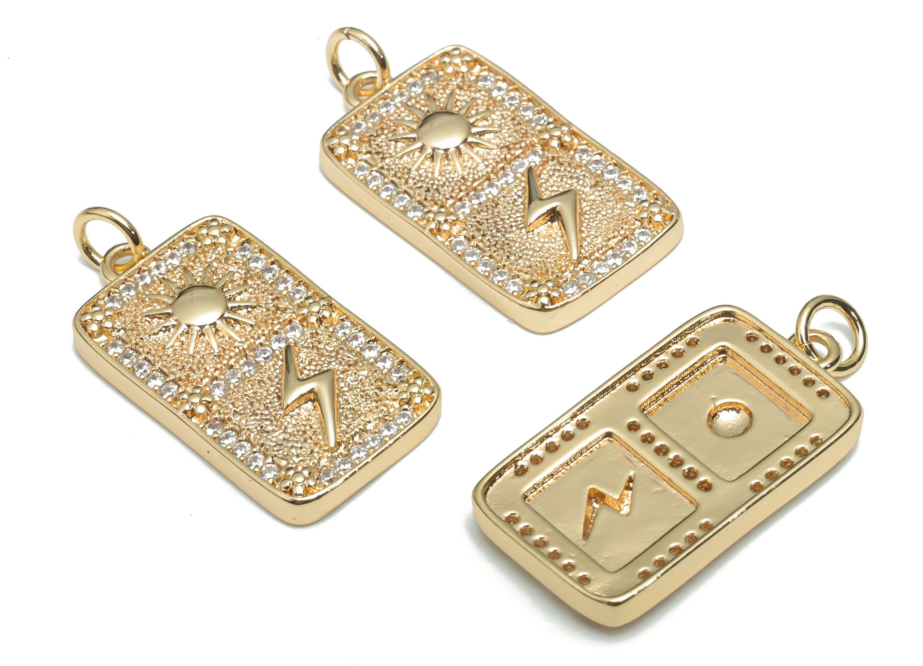 Brass Rectangle Sun Earring Charms With Zircons - Gold Rectangle Lightning Pendant - 18K Real Gold Plated Brass - 27.74x13.2x3.1mm - RGP4325 - DOMEDBAZAAR