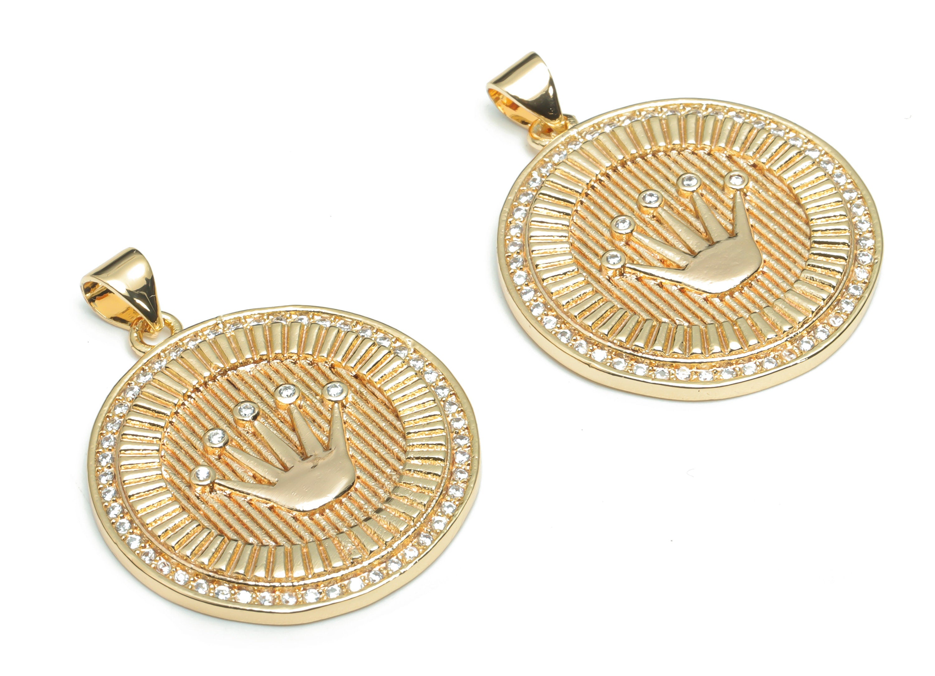 Brass Round Crown Earring Charms With Zircons - Gold Hand Circle Pendant - 18K Real Gold Plated Brass - 32.98x25.74x2.5mm - RGP4317 - DOMEDBAZAAR