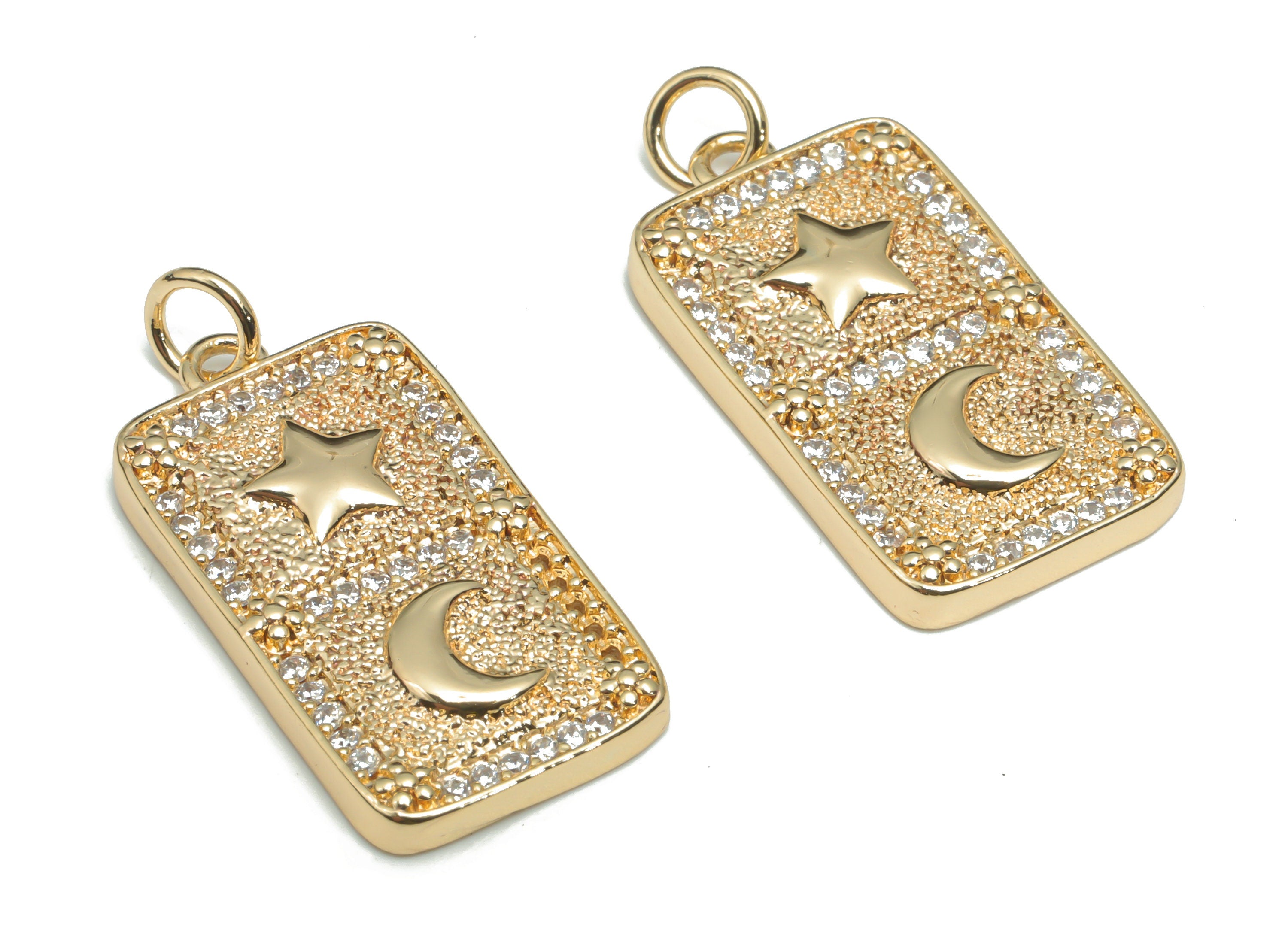 Brass Rectangle Crescent Pendant Charms With Zircons - Gold Star Moon Pendant - 18K Real Gold Plated Brass - 27.98x13.26x3.17mm - RGP4329 - DOMEDBAZAAR
