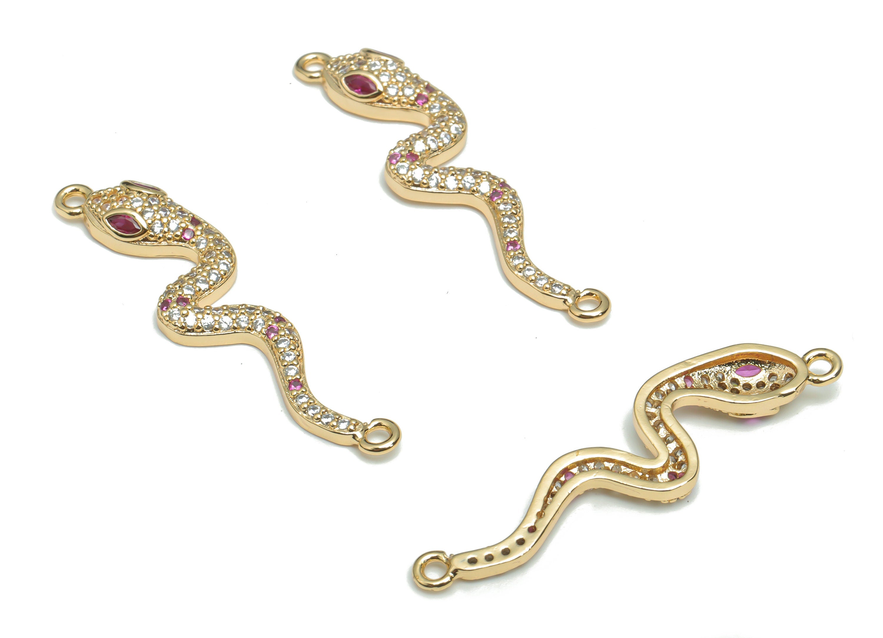 Brass Snake Earring Connectors With Zircons - Gold Snake Charms and Pendant - 18K Real Gold Plated Brass - 37.42x8.9x3.35mm - RGP4330 - DOMEDBAZAAR