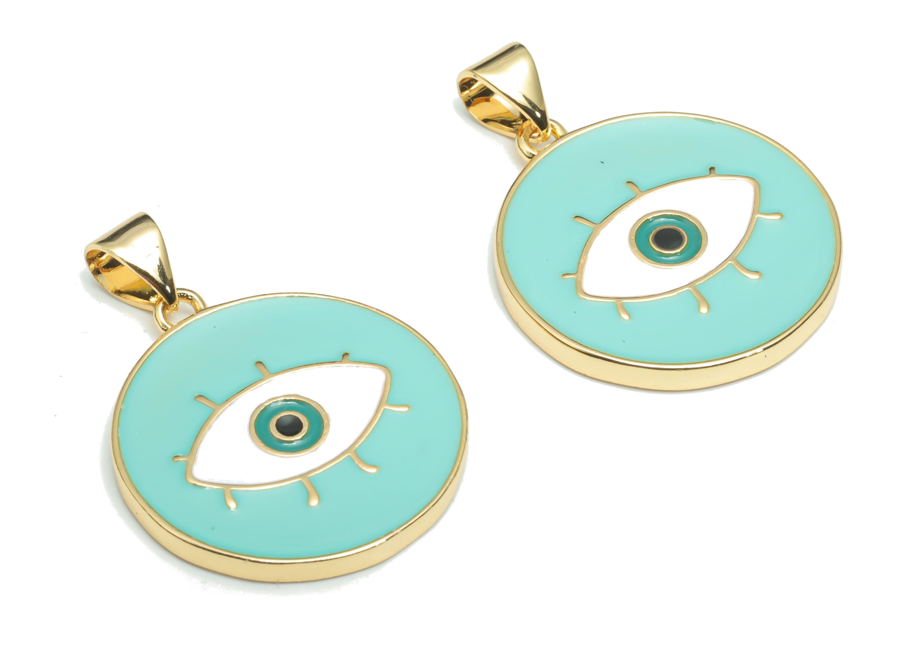 Brass Round Eye Charms With Zincon - Enamel Eyelash Circle Pendant - 18K Real Gold Plated - Jewelry Supplies - 26.95x20.03x2.01mm - RGP4339C - DOMEDBAZAAR