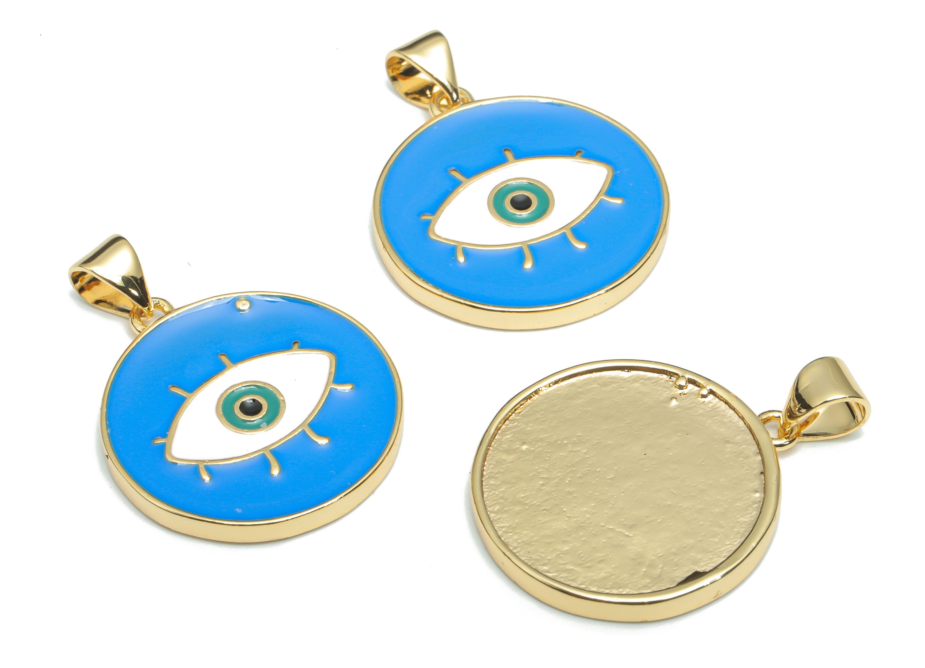 Brass Round Eye Charms With Zincon - Enamel Eyelash Circle Pendant - 18K Real Gold Plated - Jewelry Supplies - 26.95x20.03x2.01mm - RGP4339E - DOMEDBAZAAR