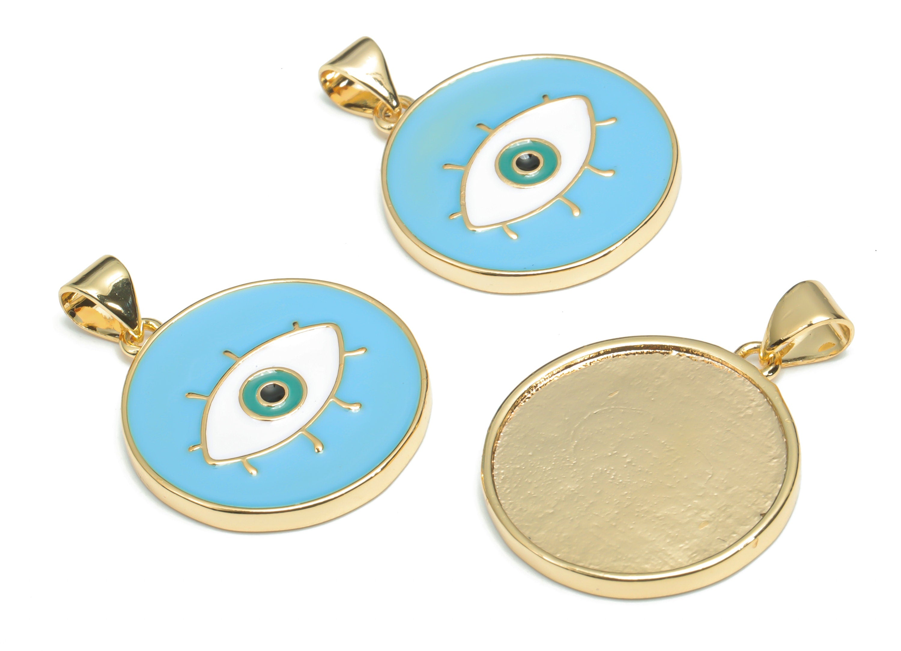 Brass Round Eye Charms With Zincon - Enamel Eyelash Circle Pendant - 18K Real Gold Plated - Jewelry Supplies - 26.95x20.03x2.01mm - RGP4339A - DOMEDBAZAAR
