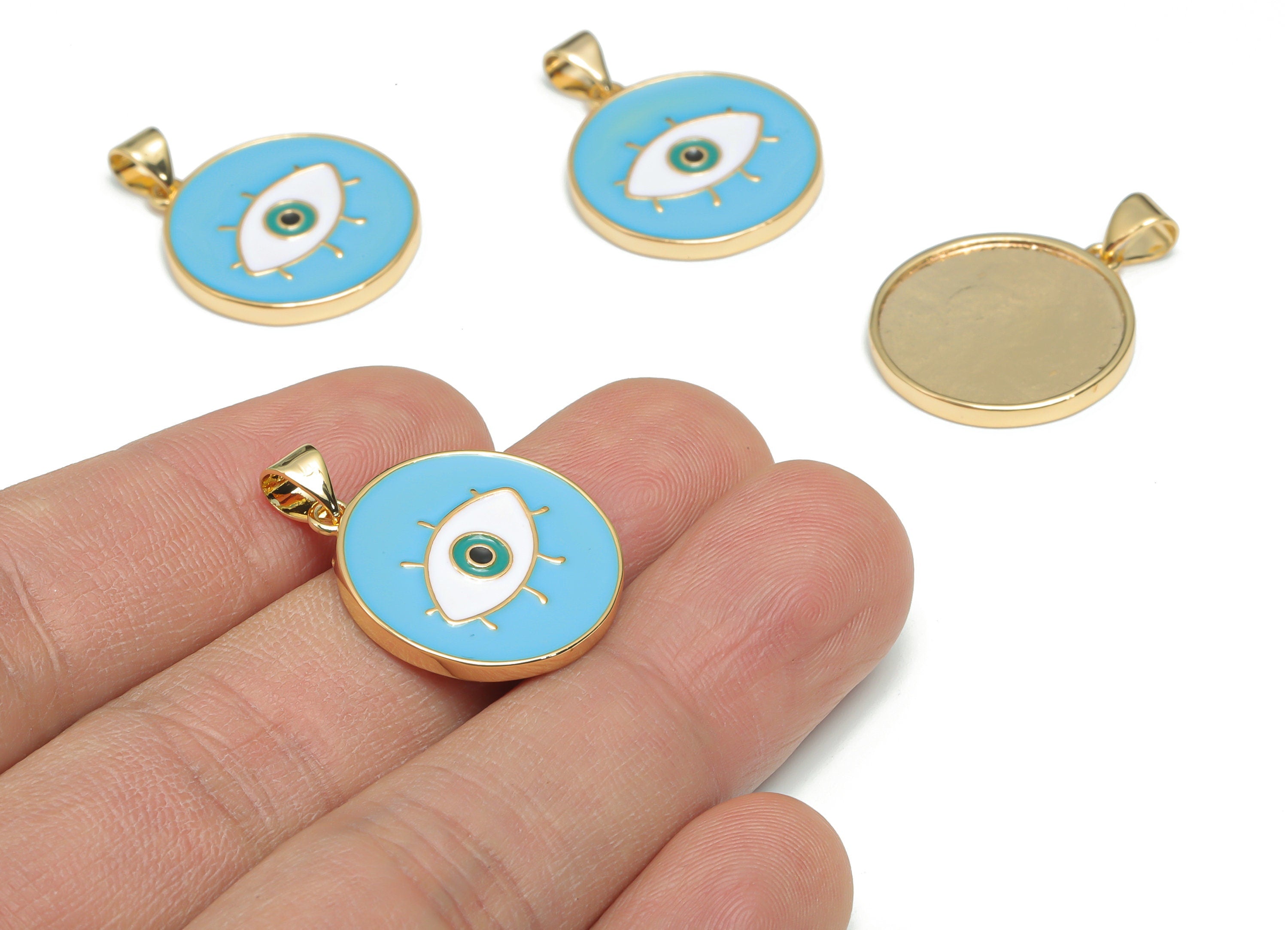 Brass Round Eye Charms With Zincon - Enamel Eyelash Circle Pendant - 18K Real Gold Plated - Jewelry Supplies - 26.95x20.03x2.01mm - RGP4339A - DOMEDBAZAAR