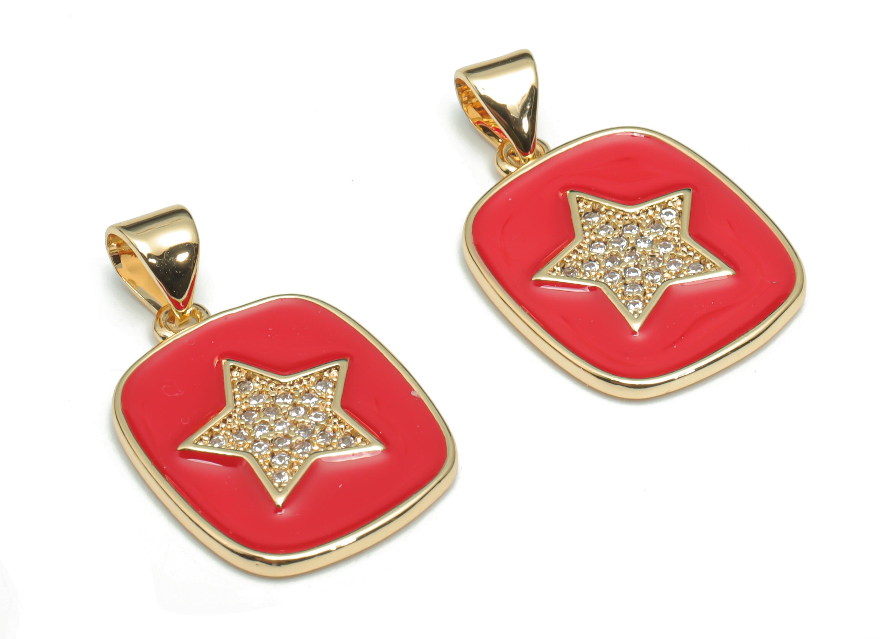 Brass Square Star Charms With Zincons - Enamel Star Square Pendant - 18K Real Gold Plated - Jewelry Supplies - 24.41x14.8x1.7mm - RGP4340B - DOMEDBAZAAR