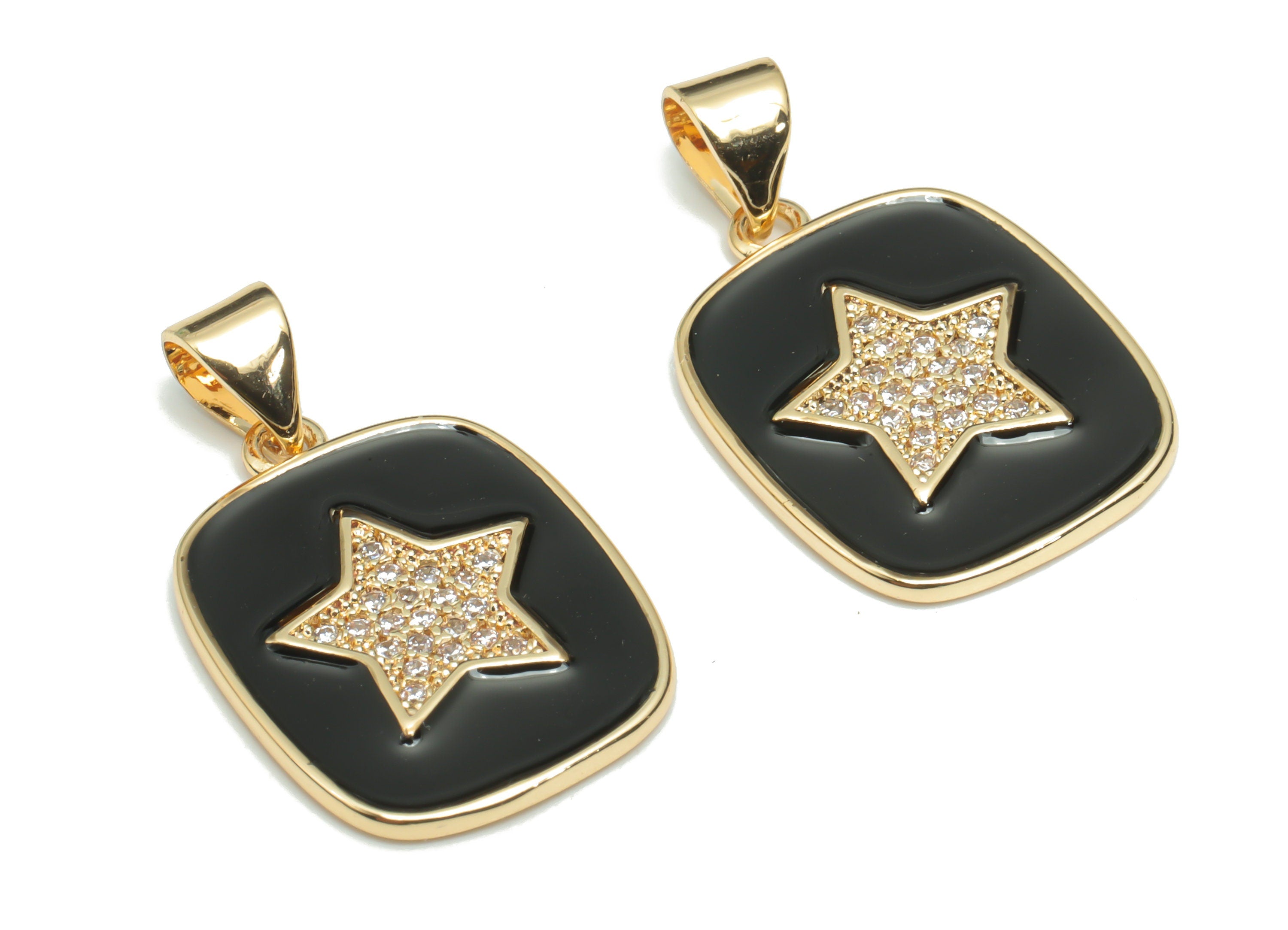 Brass Square Star Charms With Zincons - Enamel Star Square Pendant - 18K Real Gold Plated - Jewelry Supplies - 24.41x14.8x1.7mm - RGP4340C - DOMEDBAZAAR