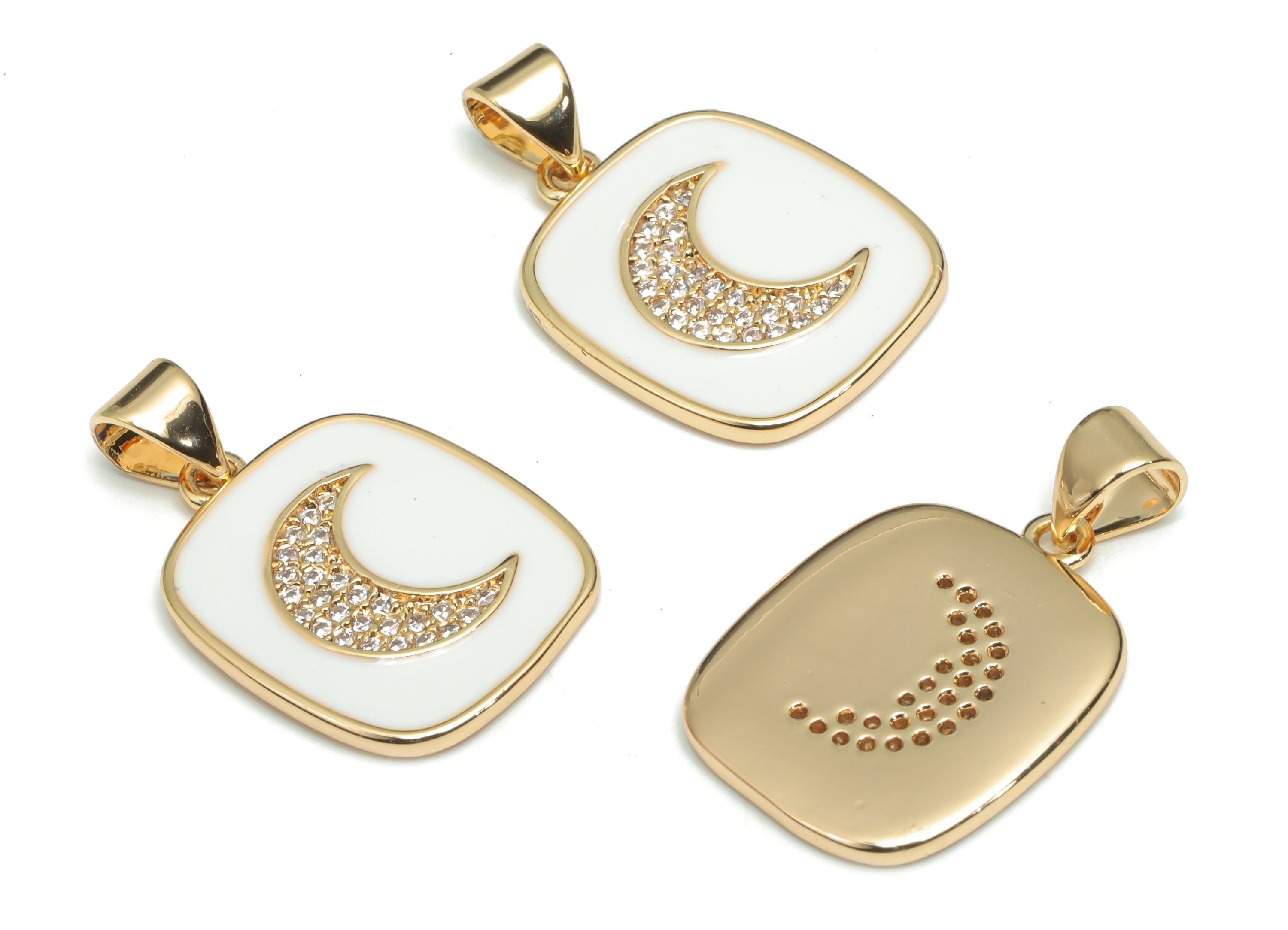 Brass Square Crescent Charms With Zincons - Enamel Moon Square Pendant - 18K Real Gold Plated - Jewelry Supplies - 24.4x14.8x1.7mm- RGP4342A - DOMEDBAZAAR