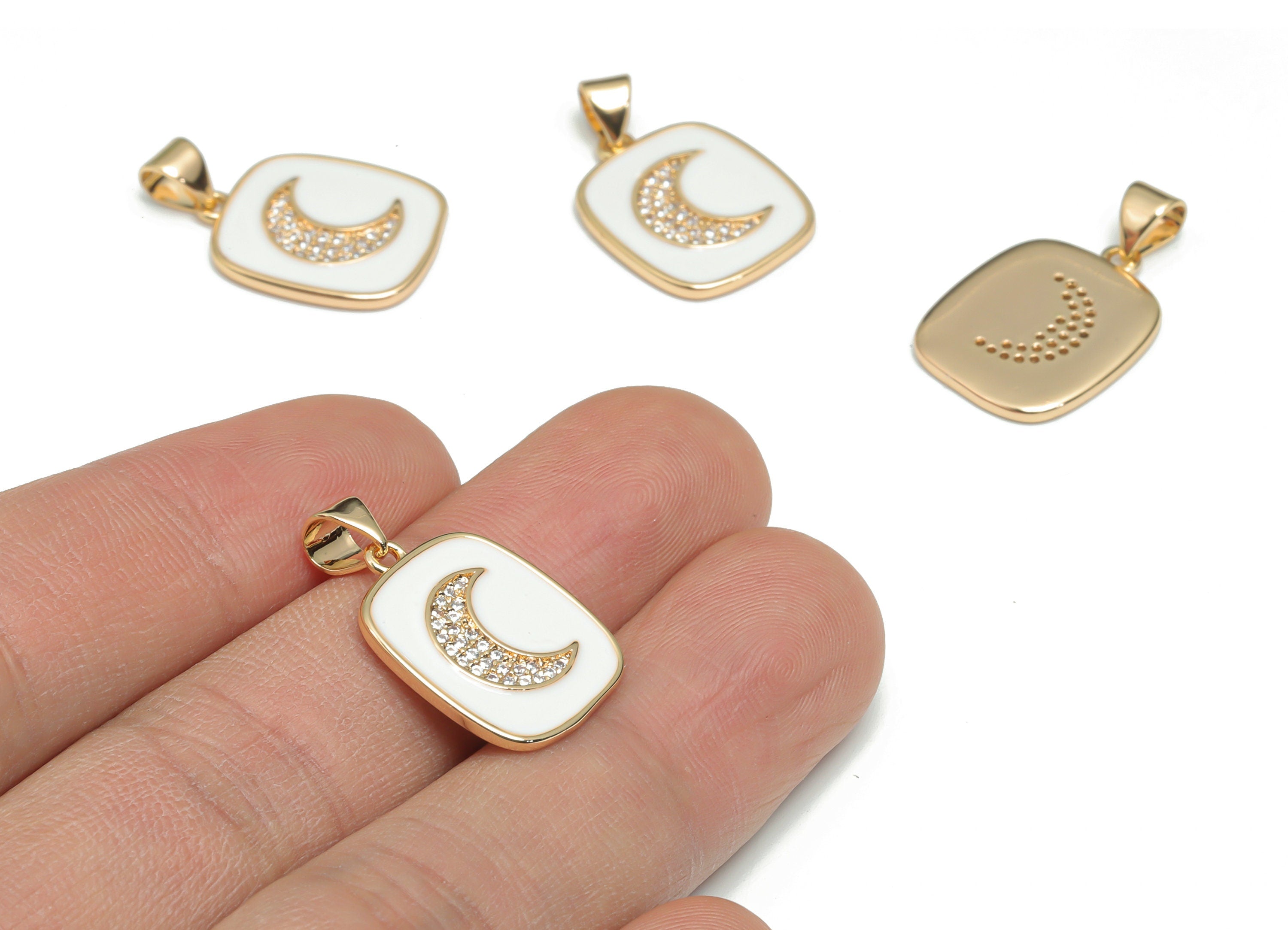 Brass Square Crescent Charms With Zincons - Enamel Moon Square Pendant - 18K Real Gold Plated - Jewelry Supplies - 24.4x14.8x1.7mm- RGP4342A - DOMEDBAZAAR