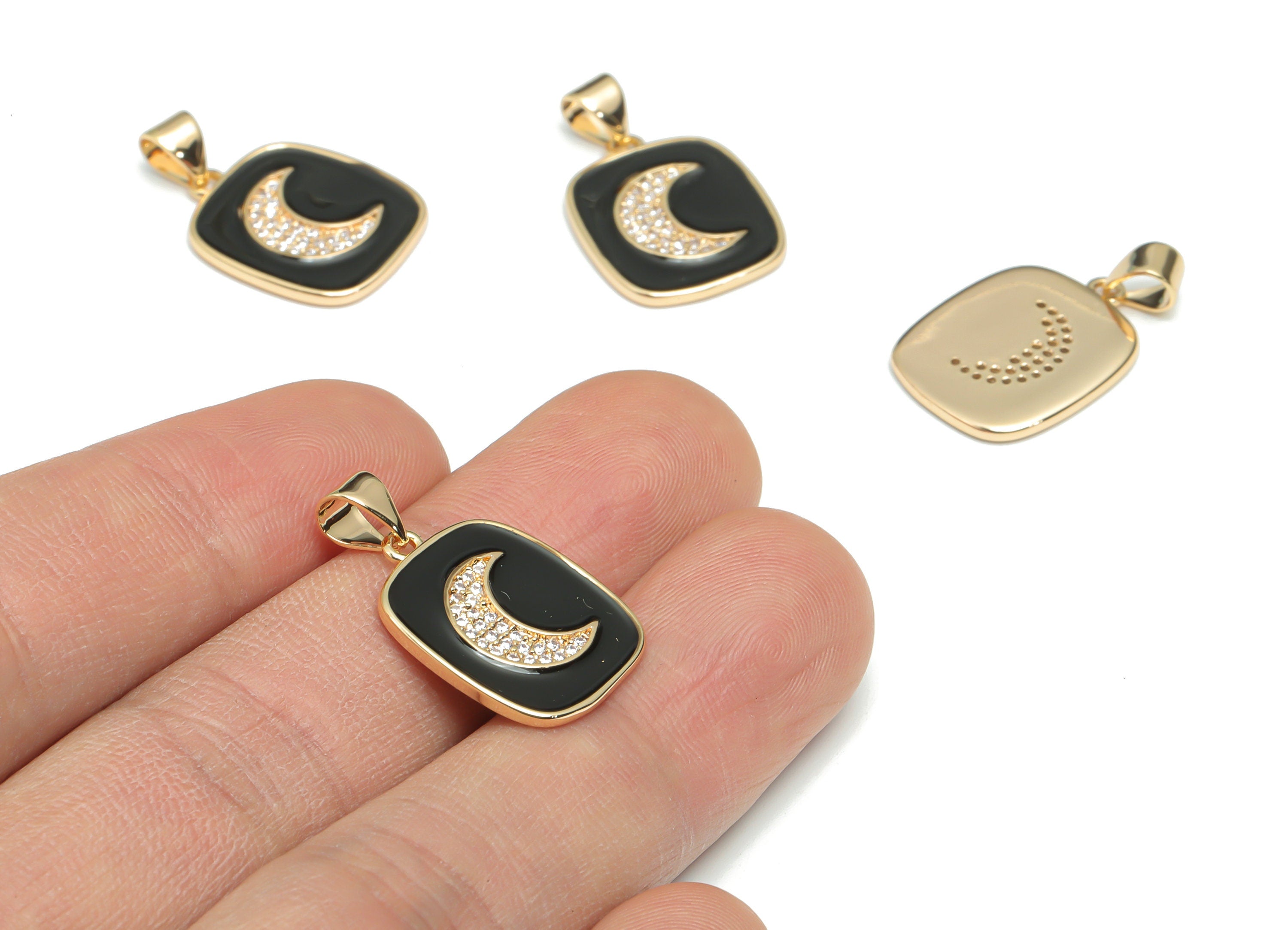 Brass Square Crescent Charms With Zincons - Enamel Moon Square Pendant - 18K Real Gold Plated - Jewelry Supplies - 24.4x14.8x1.7mm- RGP4342B - DOMEDBAZAAR