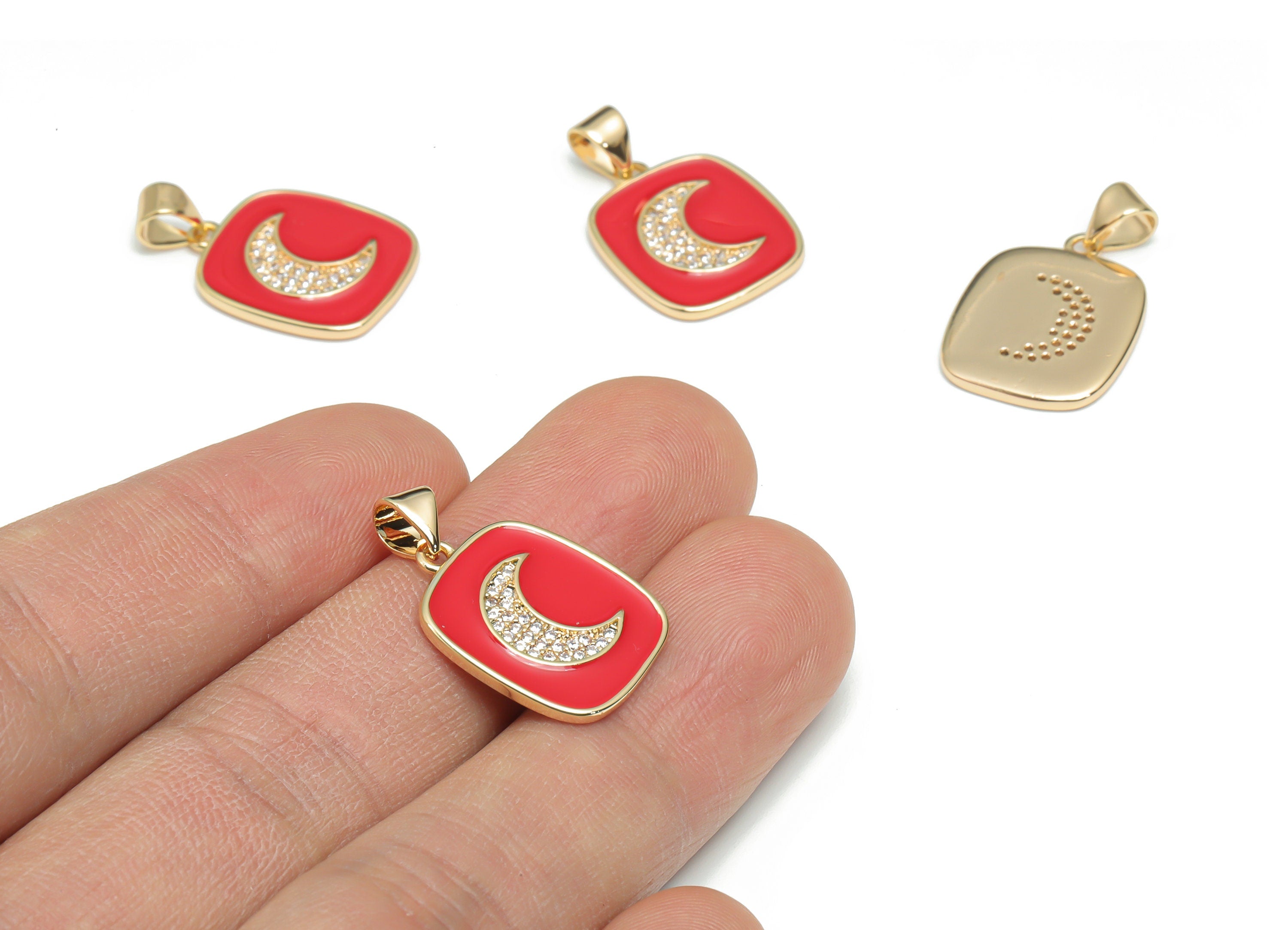 Brass Square Crescent Charms With Zincons - Enamel Moon Square Pendant - 18K Real Gold Plated - Jewelry Supplies - 24.4x14.8x1.7mm- RGP4342C - DOMEDBAZAAR