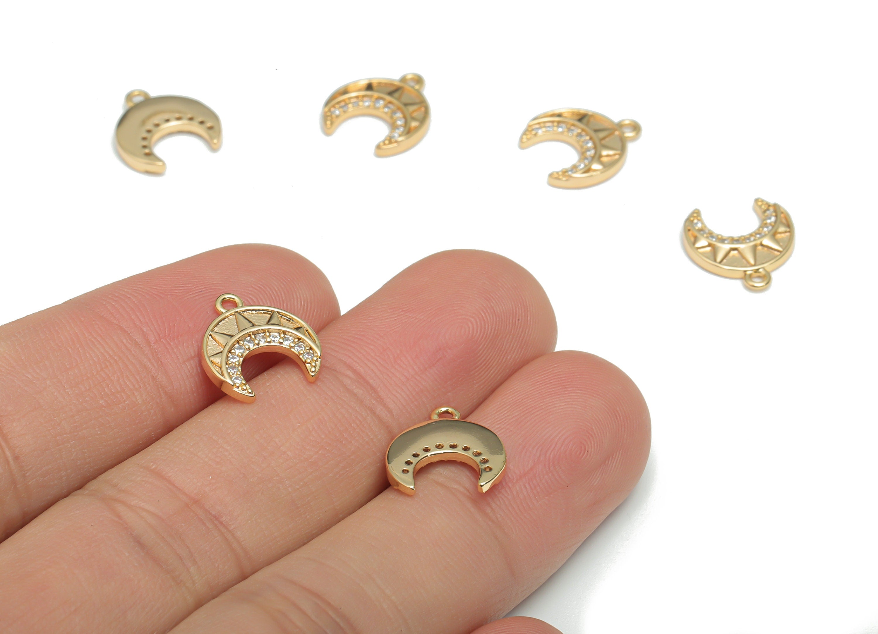 Brass Crescent Charms With Zircons - Gold Moon Sun Pendant - 18K Real Gold Plated Brass - Jewelry Supplies - 12.47x11.28x1.81mm - RGP4331 - DOMEDBAZAAR